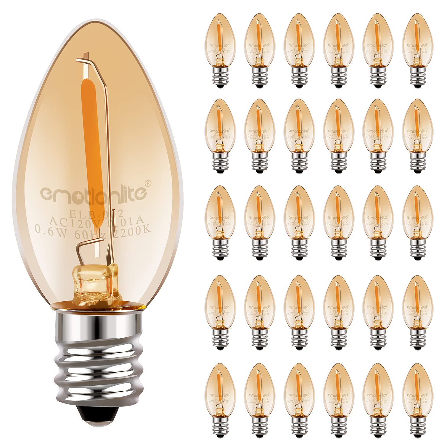Emotionlite Night Light Bulbs, Amber LED C7 Bulb, 4W 5W 6W 7W Equivalent, E12 Candelabra Base, Salt Lamp and Nightlight Replacement Bulb, 0.5W, Amber Yellowish 2200K, 50LM, Amber, 30 Pack