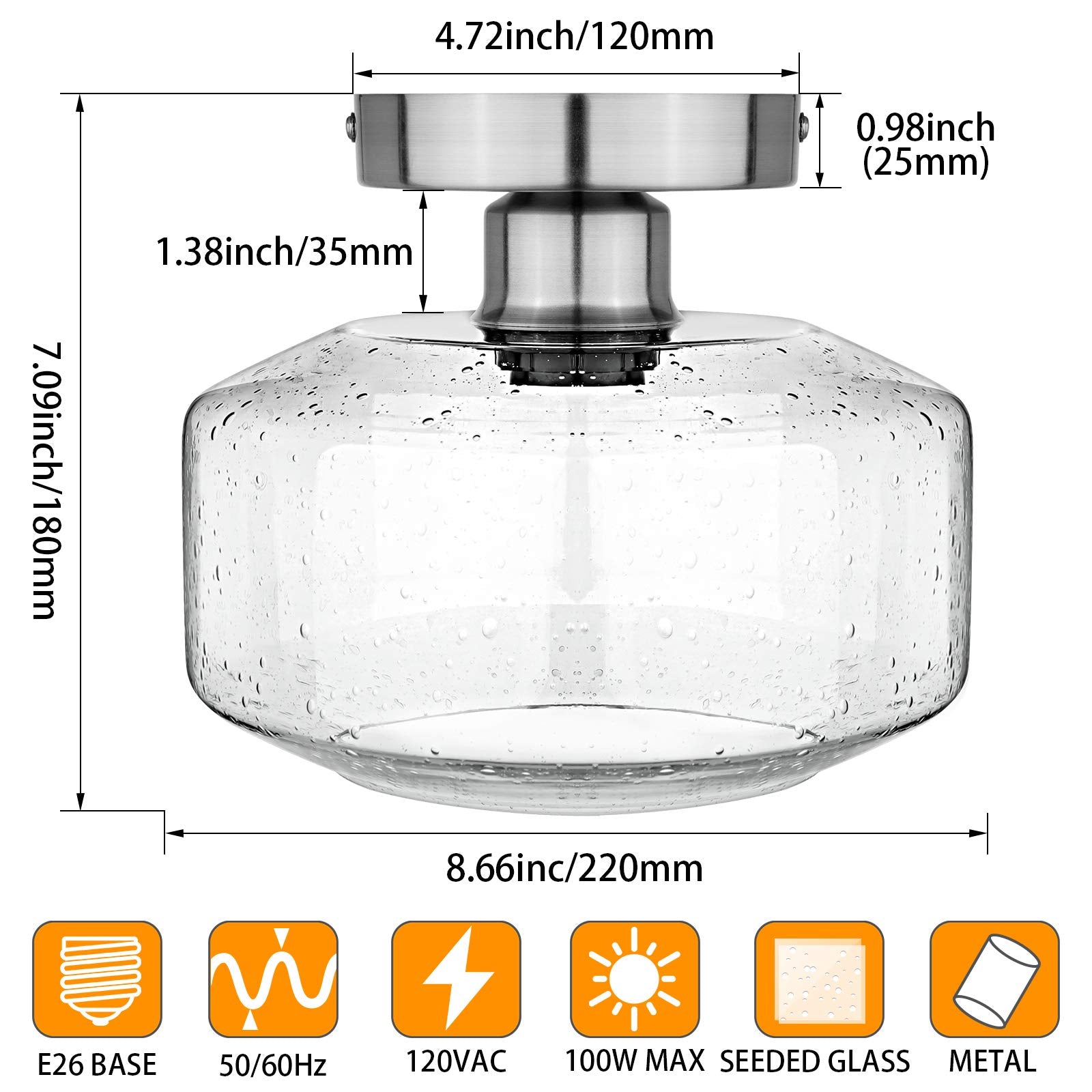 Sunrider Semi Flush Mount Ceiling Light Fixtures, Brushed Nickel Industrial Seeded Glass Lamp, Silver Ceiling Light For Kitchen