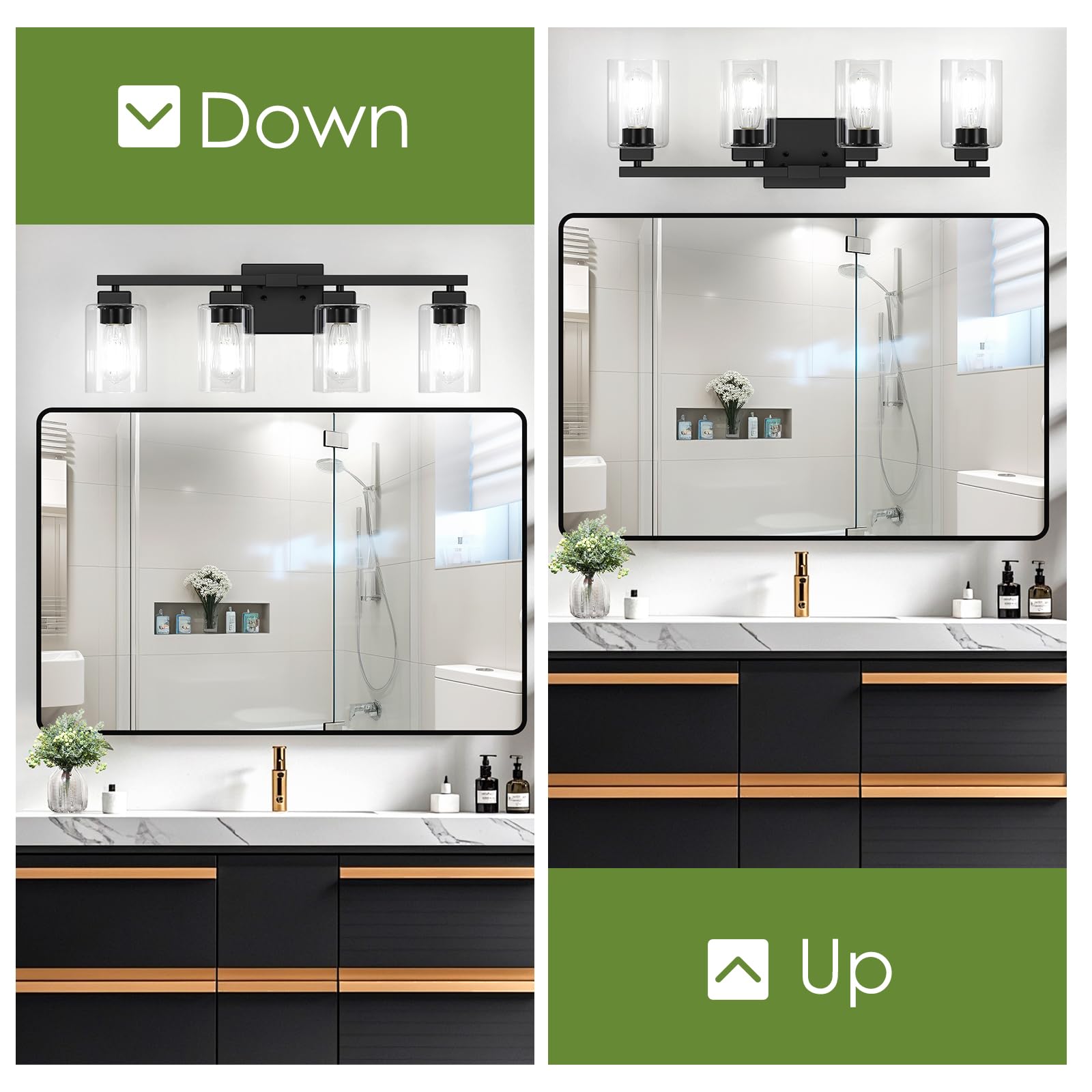 Beslowe 4-Light Bathroom Light Fixtures, Modern Black Bathroom Vanity Light, Bathroom Lighting Fixtures Over Mirror, Matte Black