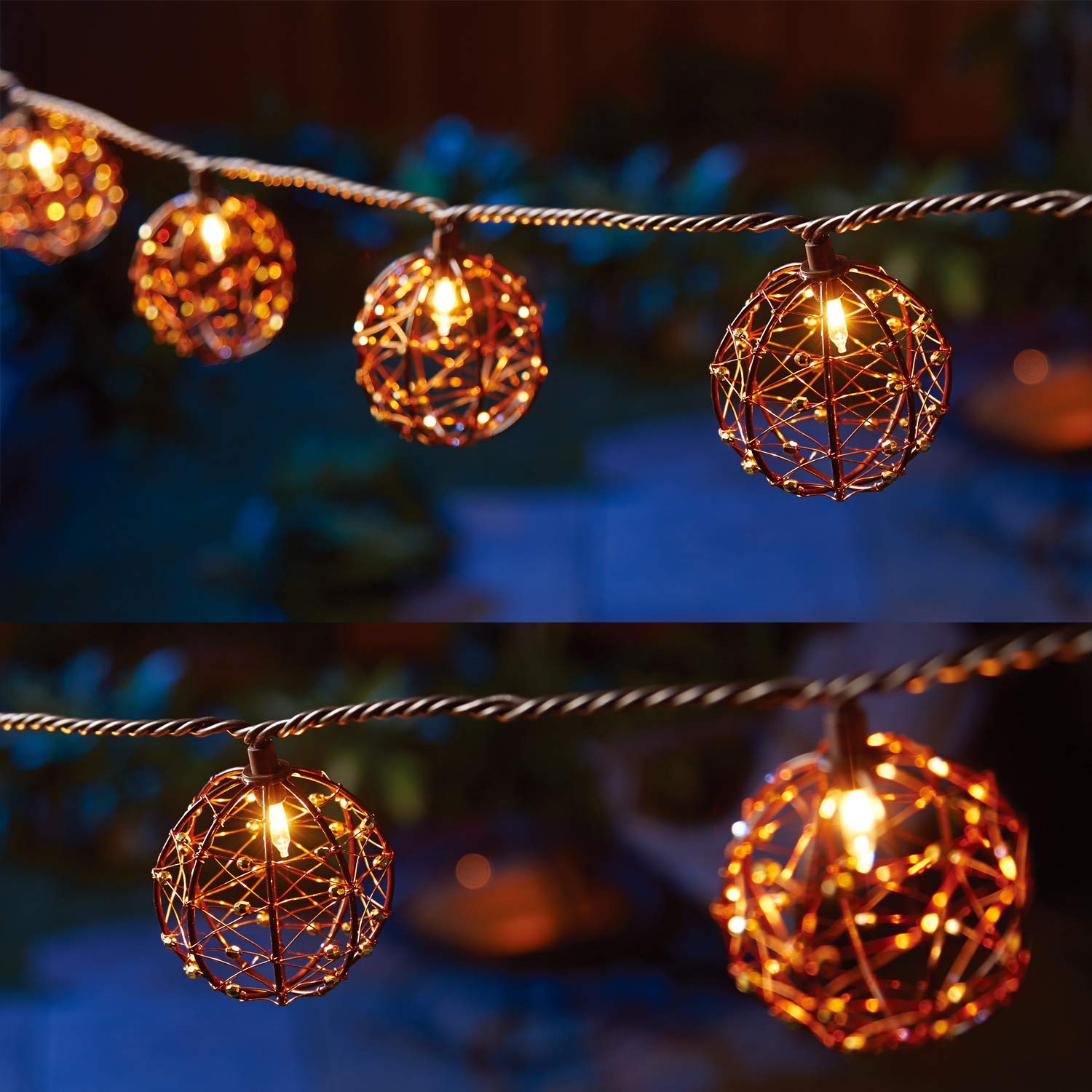 ZHONGXIN Outdoor Patio String Lights, 10 Mini Bulbs with Beaded Copper Wire Ball Style, UL Listed Connectable Weather-Resistant