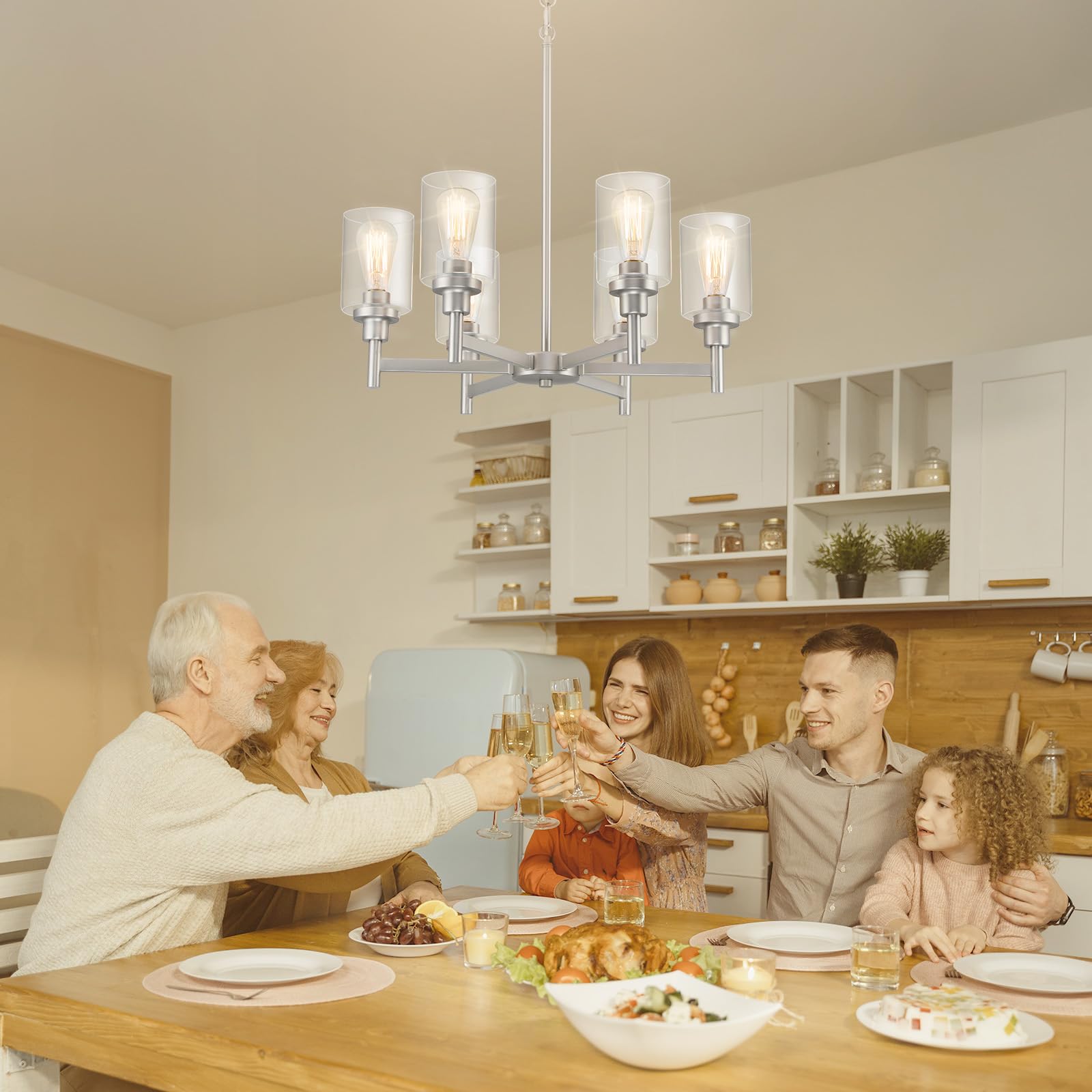 Lightdamy Brushed Nickel Chandeliers For Dining Room Light Fixture Over Table, 6 Lights Farmhouse Chandeliers With Clear Glass S