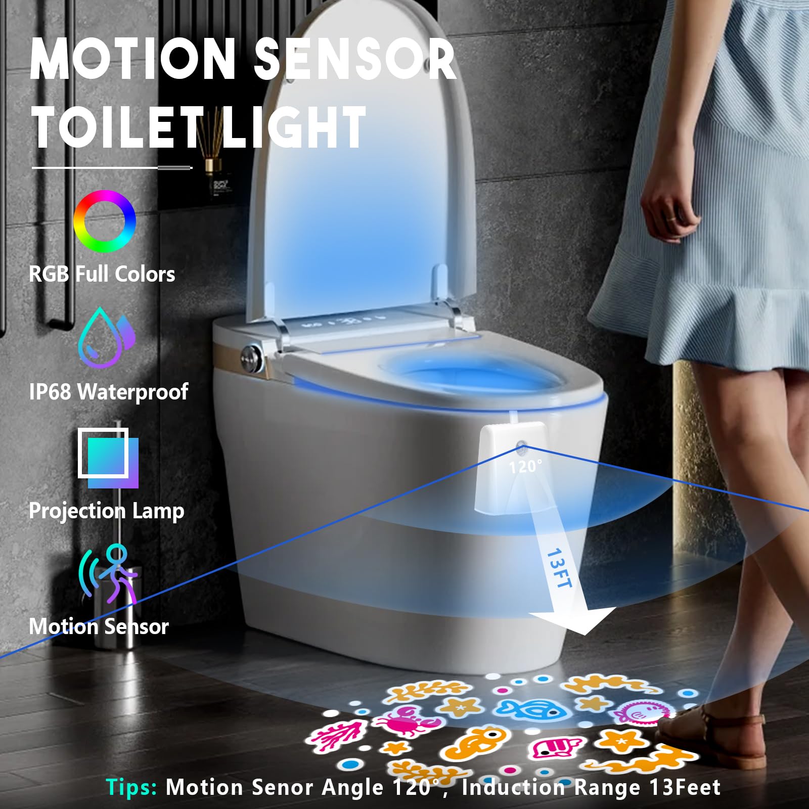 LAVAED Motion Sensor Night Light - 16 Color Changing LED Toilet Light, Rechargeable, Waterproof - 1 Pack (TL4)