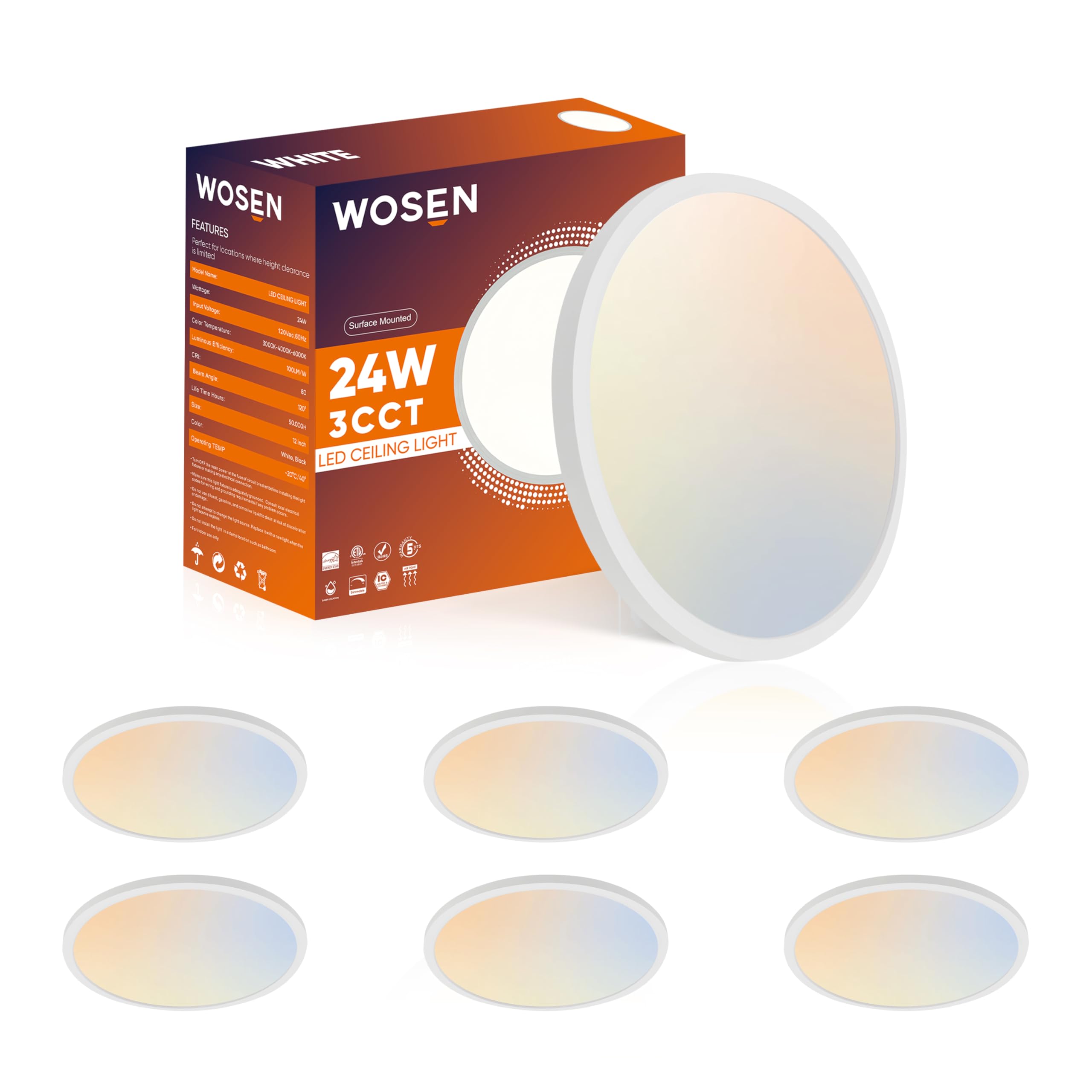 Wosen 6 Pack 12 Inch Led Flush Mount Ultra-Slim Ceiling Light, 24W 2400Lm, 3000K/4000K/6000K Color Temp, Round Lights For Bedroo