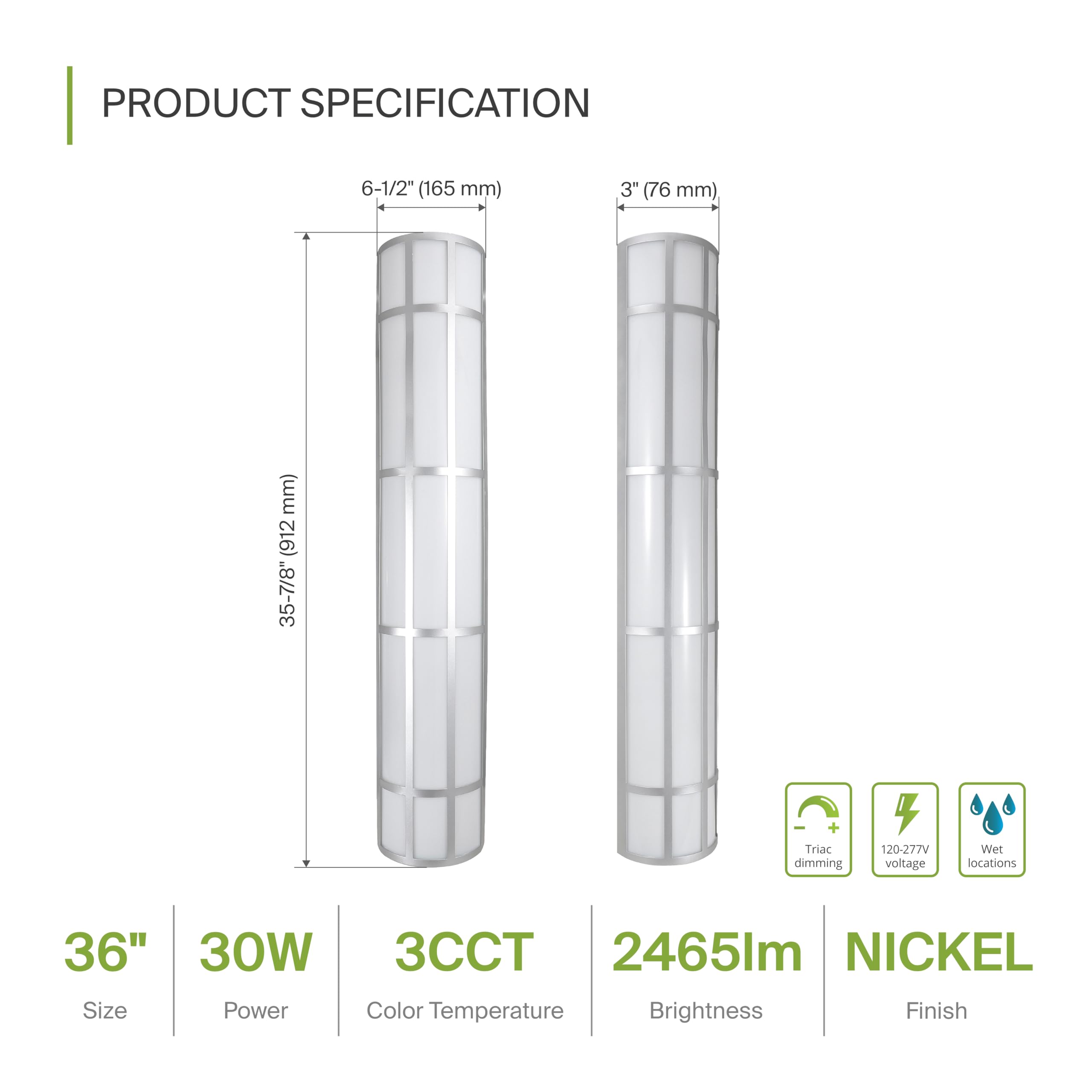 ASD LED Outdoor Wall Mount Light Fixture - 36 Inch, Brushed Nickel, Dimmable, 30W, ETL Certified, Model A-WS21GR-MV36D30N