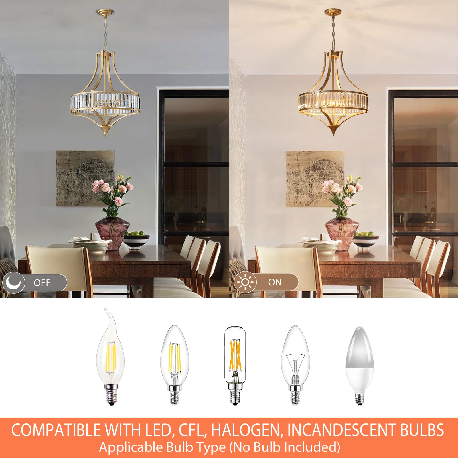 Majhoiw 21.6" Gold Crystal Chandelier - 6-Light Modern Dining Room Fixture for Kitchen, Hallway, Bedroom, Foyer - Model MJ032-NEW-GD