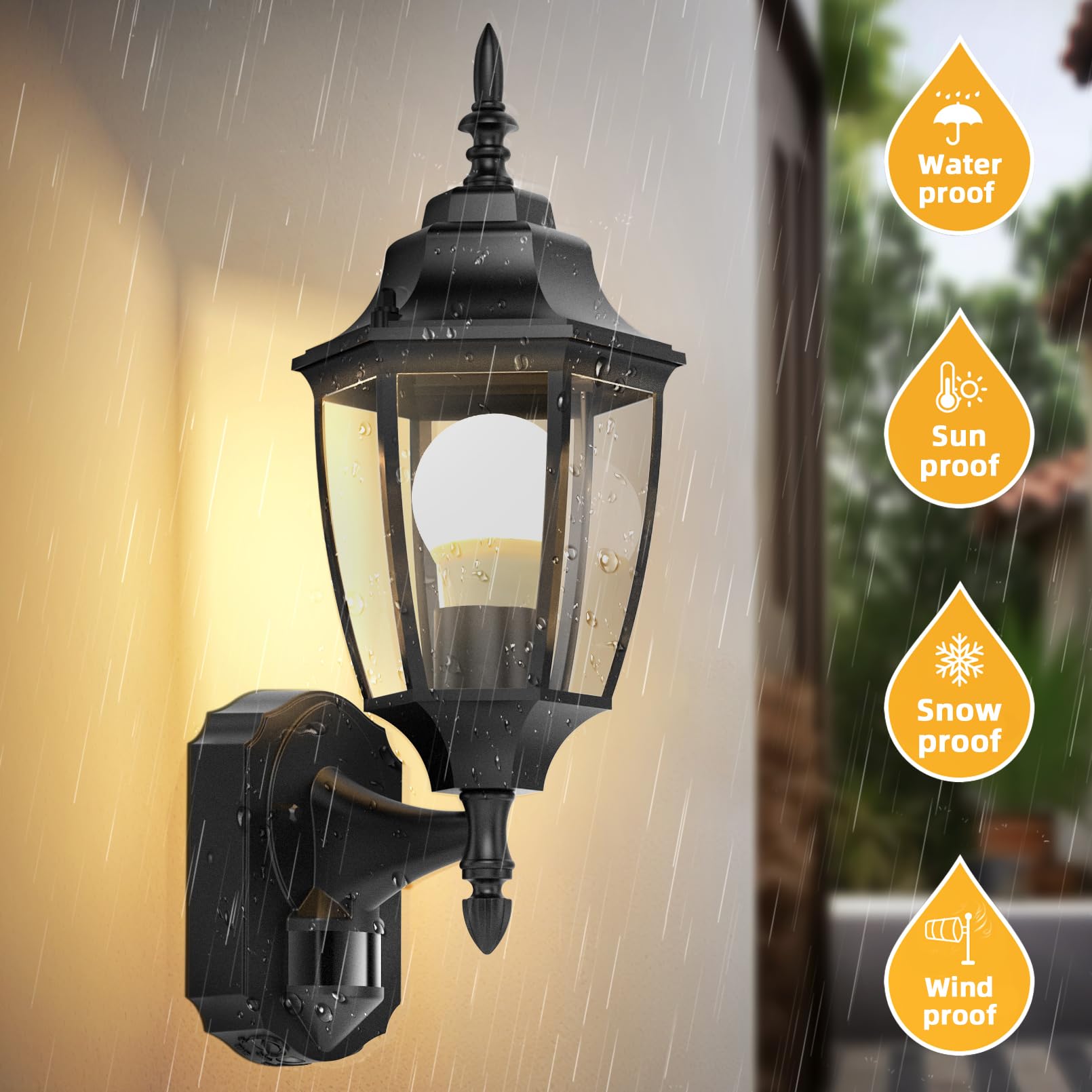 Lamomo Outdoor Wall Sconce, 2 Pack Motion Sensor Porch Lights, Aluminum Waterproof, Black, Model LMM-0018-WU-SE-JP