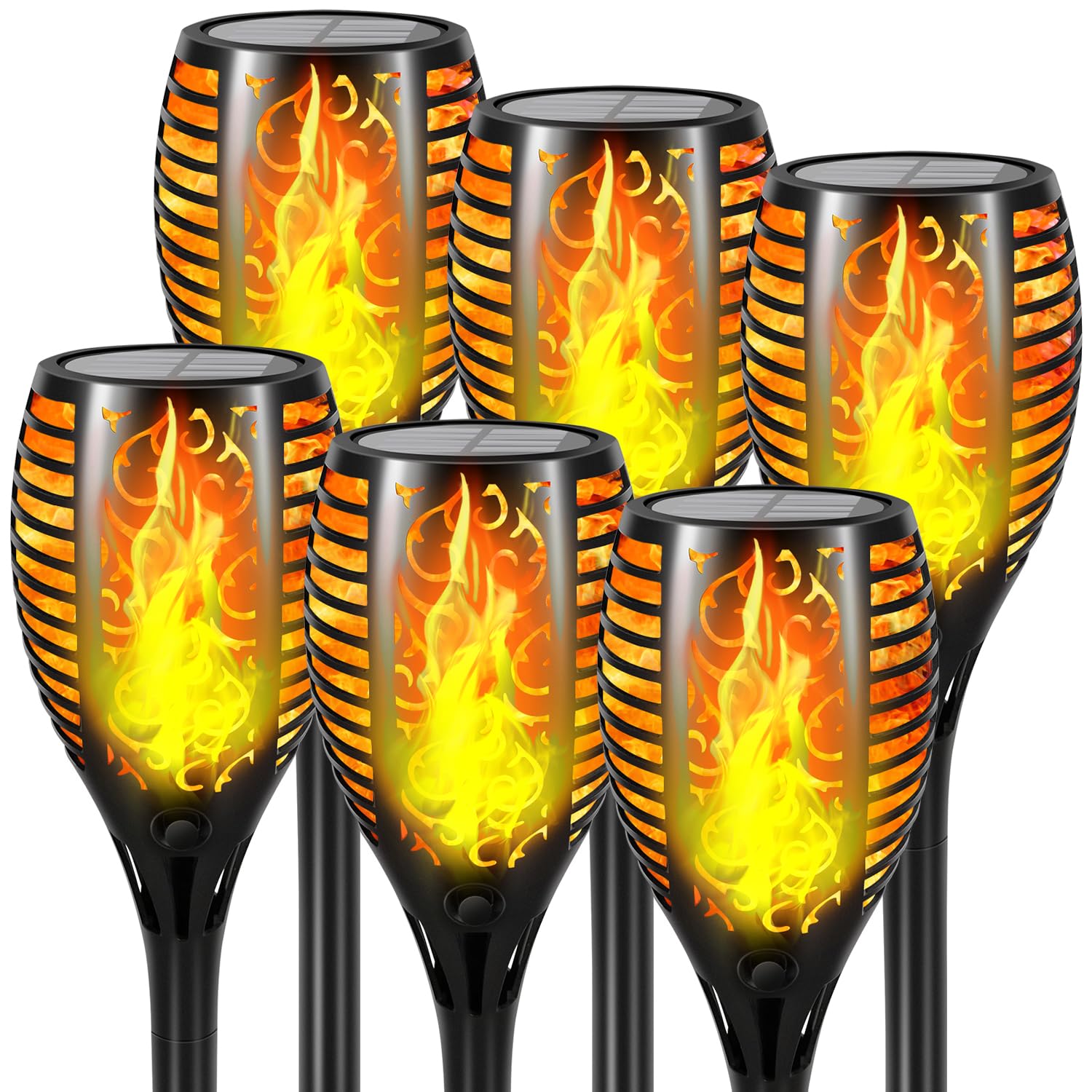 Mionsiden Solar Torch Lights - 51 LED Flickering Flame, 23in Waterproof Tiki Torches, 6 Pack, Large, Black with Orange Flame Effect