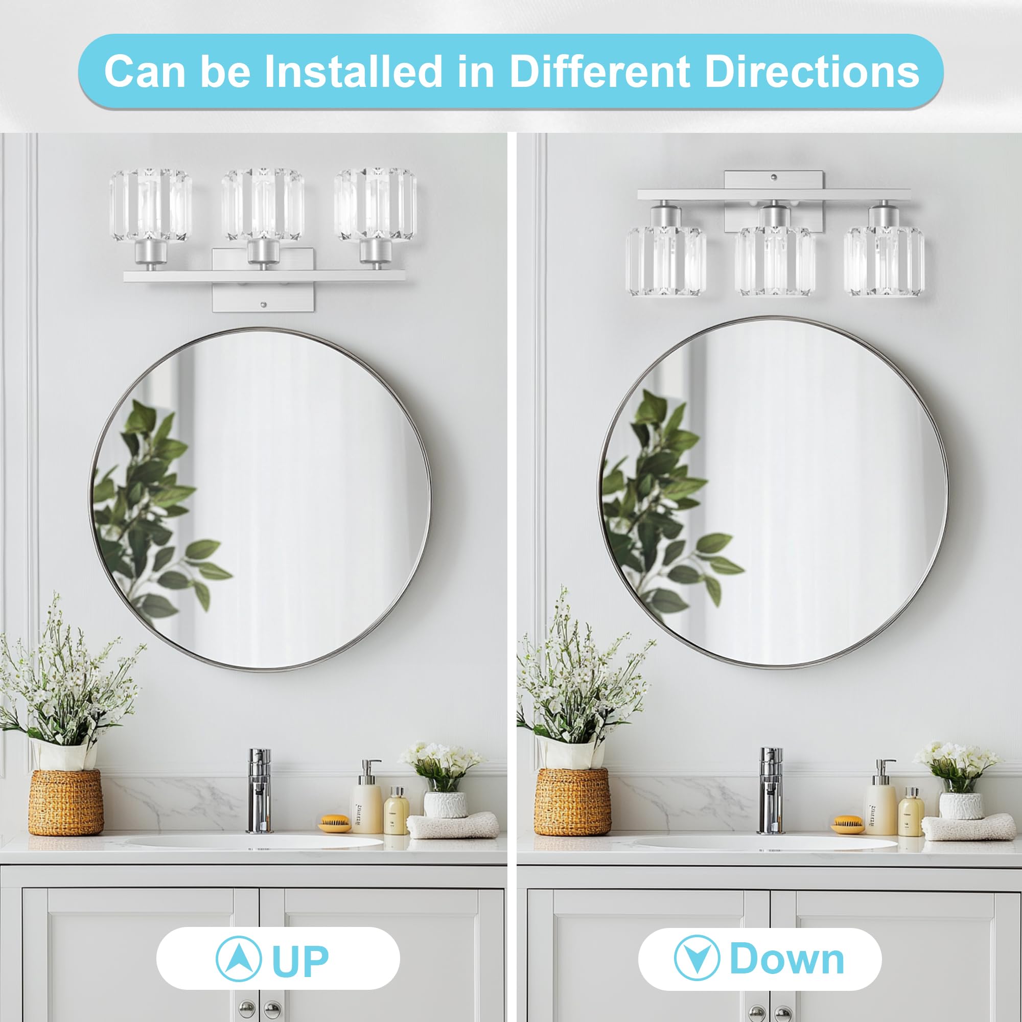 Golspark 3 Light Crystal Bathroom Vanity Light Fixtures Over Mirror  Brushed Nickel Modern Vanity Lighting Fixtures  Wall Sconce Bath Wall Light E26 Base Round Crystal Shades (Exclude Bulb)