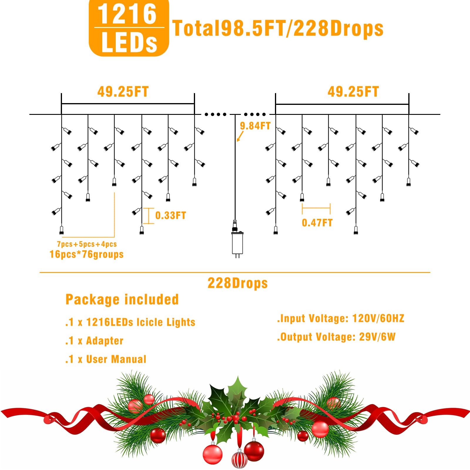 99Ft Icicle Lights For Outside  Red And White Christmas Lights Outdoor Indoor  1216 Led Twinkle Light With 228 Drops Short Curtain Light For Thanksgiving Room Home Wall Bedroom Window Decoration