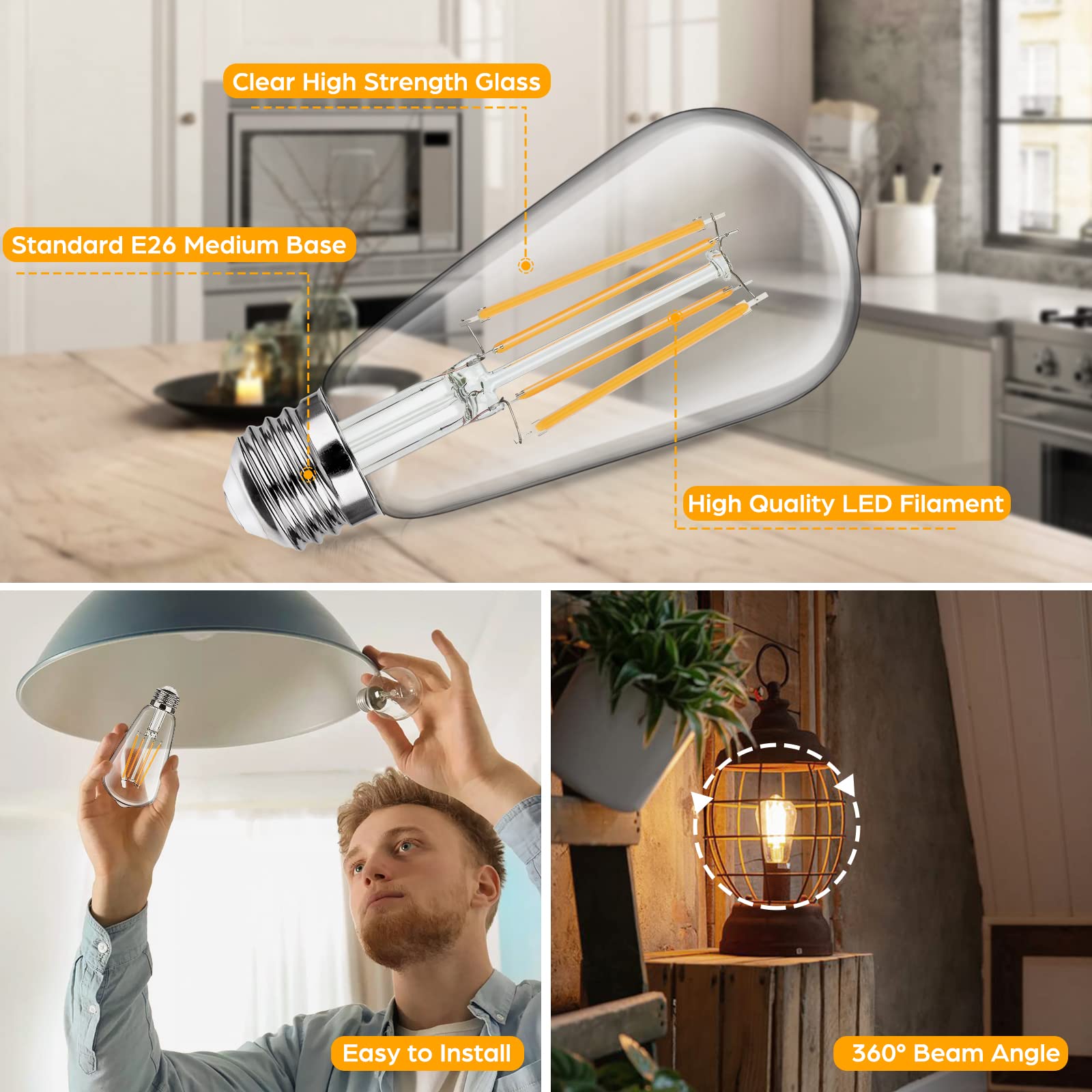 Sucolite 4-Pack Vintage Led Edison Bulbs 8W 3000K Warm White E26 High Brightness Cri90+