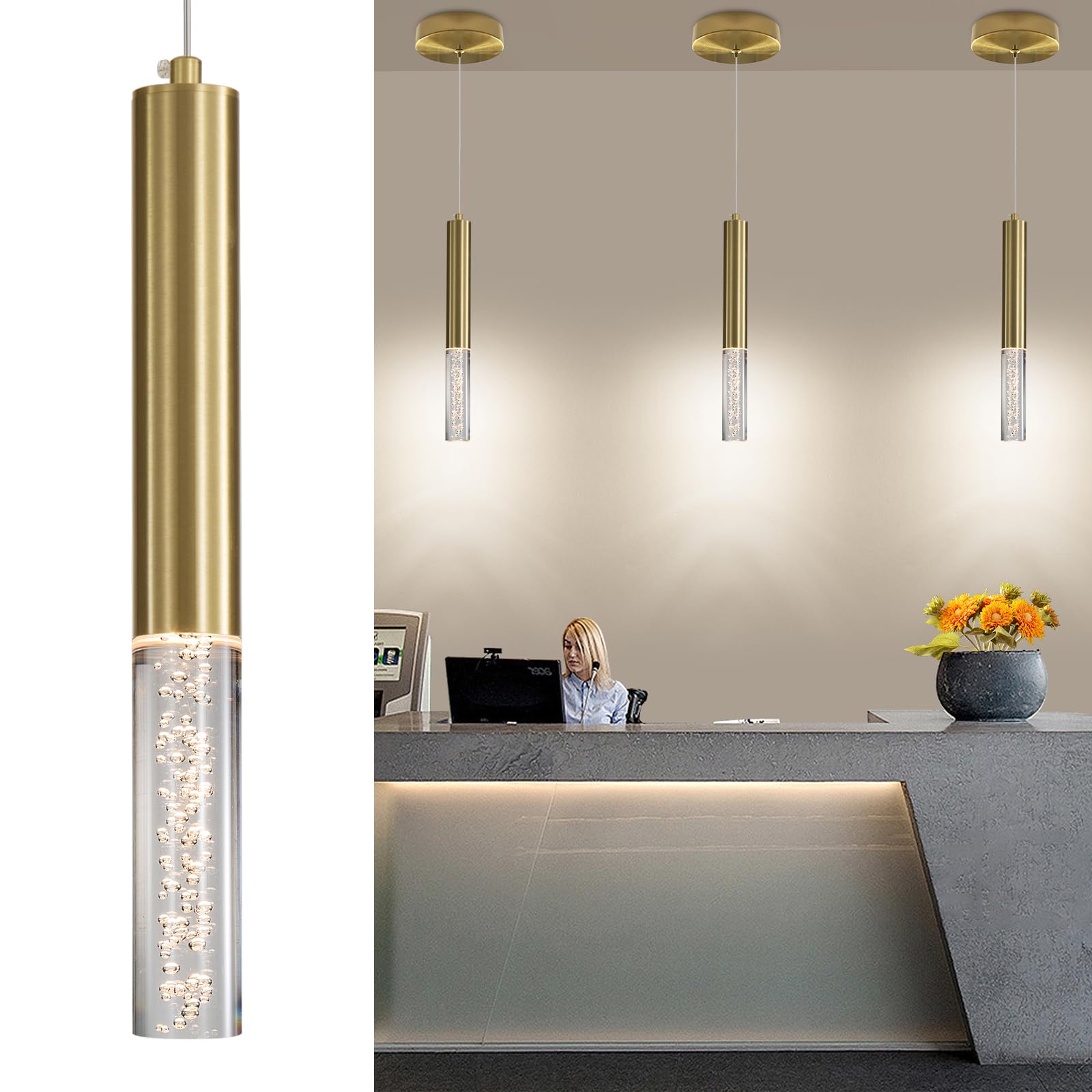 3 Pack Gold Linear LED Pendant Lights  Modern Minimalist Hanging Light Fixtures  Bubble Acrylic  3 Color 3000K/4500K/6500K  Ceiling Chandeliers Lights for Kitchen Island  Dining Room  Bedroom  Bar