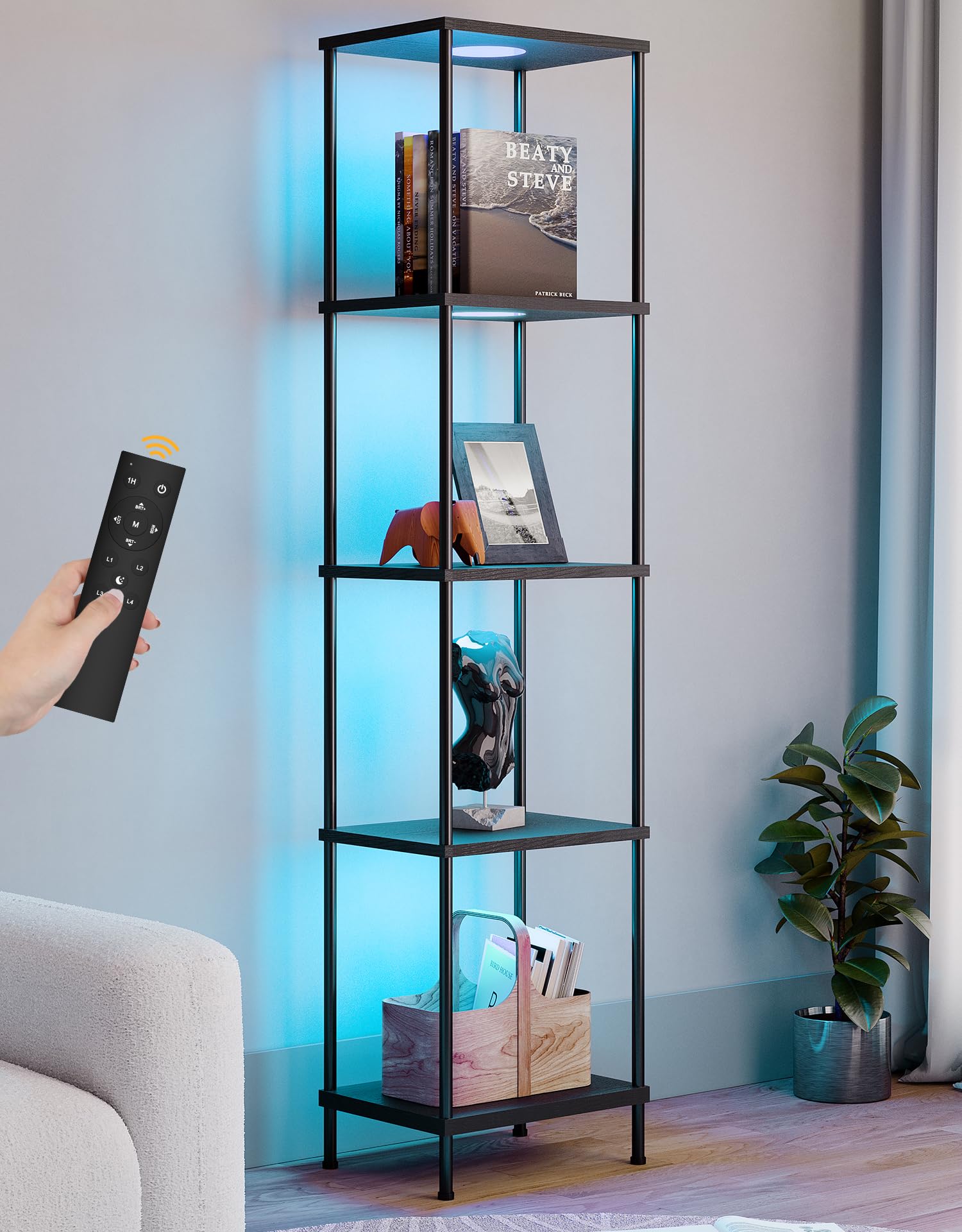 PARTPHONER Display Shelf with RGBW Light, 65.4in H, Black, Curio Cabinet Floor Lamp, Corner Organizer for Living Room and Bedroom