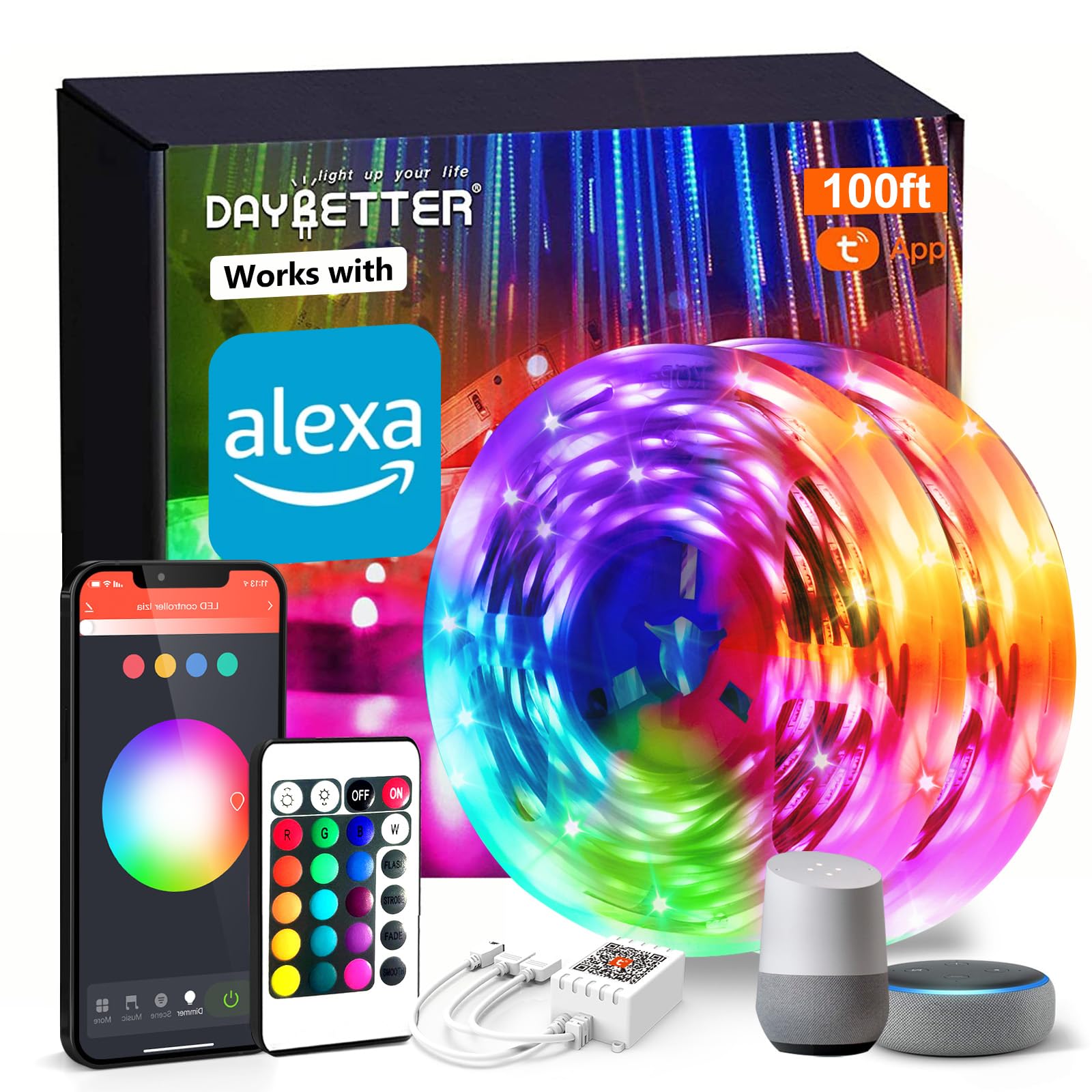 DAYBETTER Smart WiFi LED Strip Lights, 100ft, Multicolor, Tuya App Controlled, Works with Alexa & Google Assistant, Model FLSL501215WIFITY01