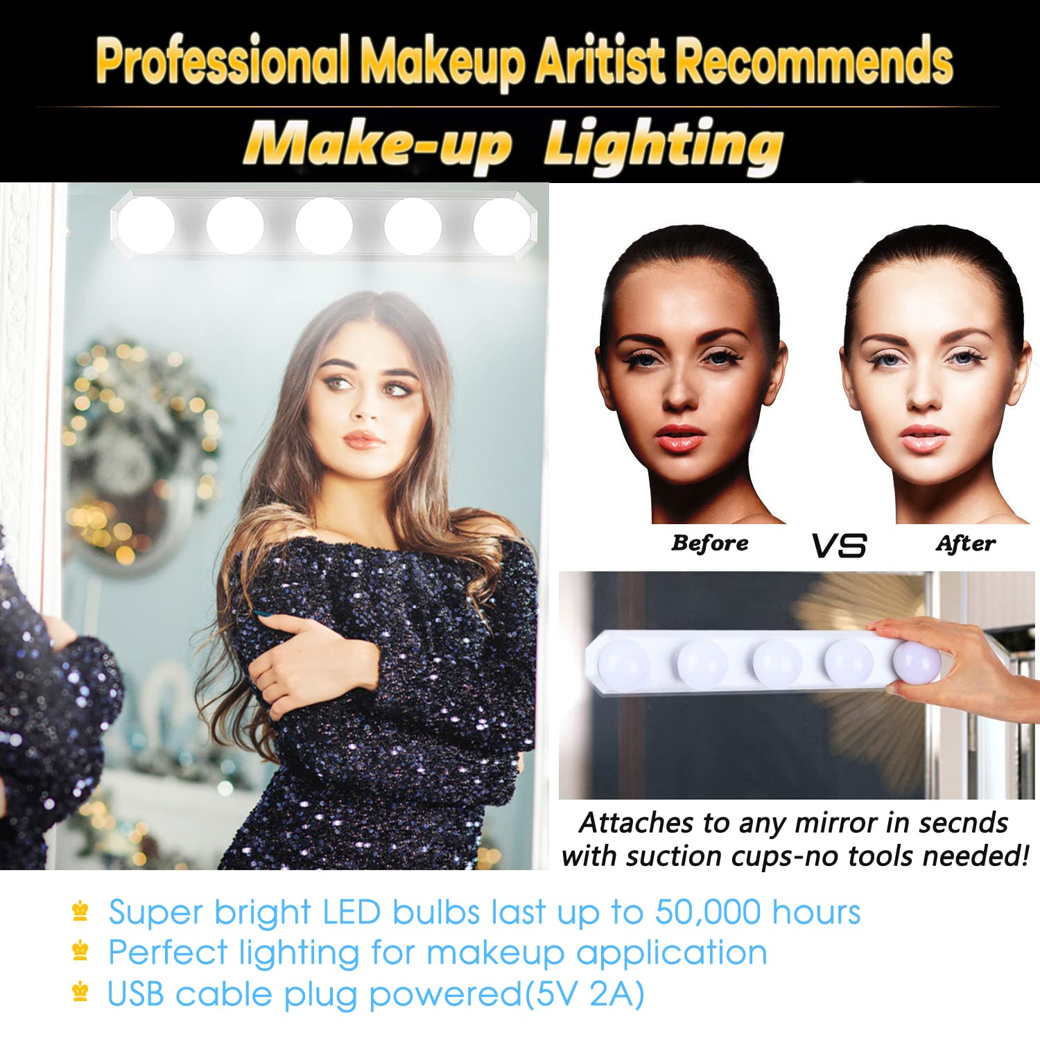 HELOIE Portable LED Makeup Light - Adjustable Dimmable Vanity Lights with 3 Color Modes, White, Model UML-5