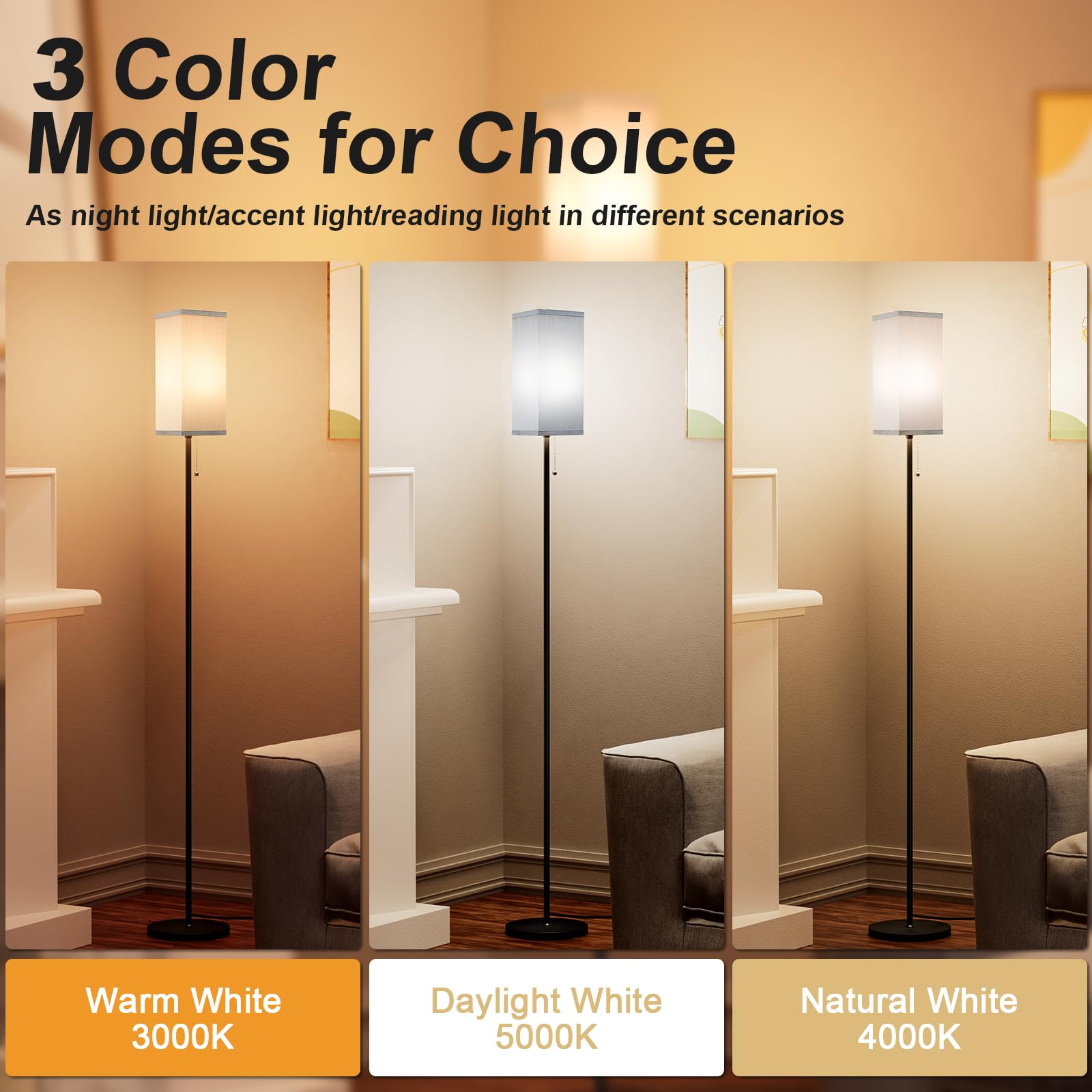 Ziisee Grey Floor Lamp For Bedroom Modern - 3 Color Temperature Black Standing Lamps With Pull Chain Switch, Tall Lamp For Offic