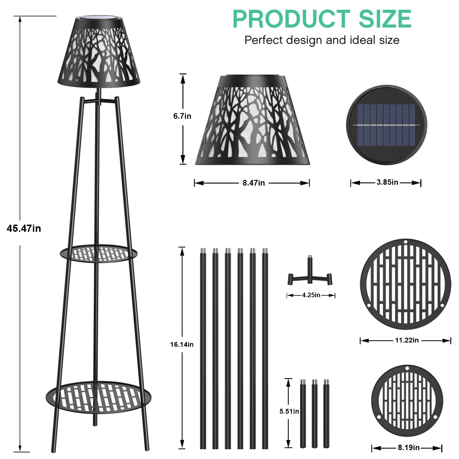 VISFLAIR Solar Powered Outdoor Floor Lamps, 2 Pack, Metal, 45.5in H, Waterproof, with 2 Tier Plant Stand, Model VF-005A