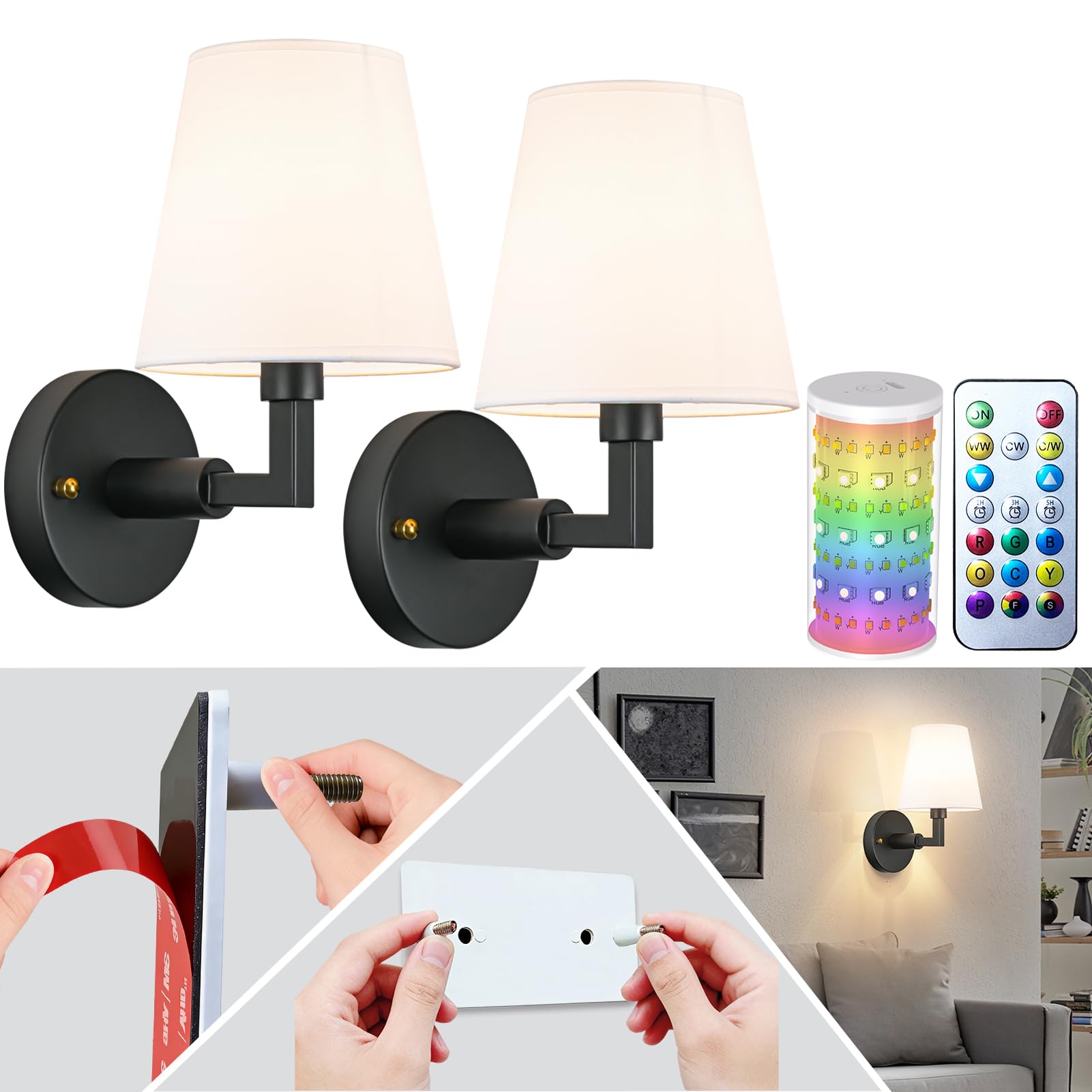 slywise Peel and Stick Wall Sconces, Stick On Wall Sconces Battery Operated, Wireless Adhesive Wall Sconce with 10000mAh Battery