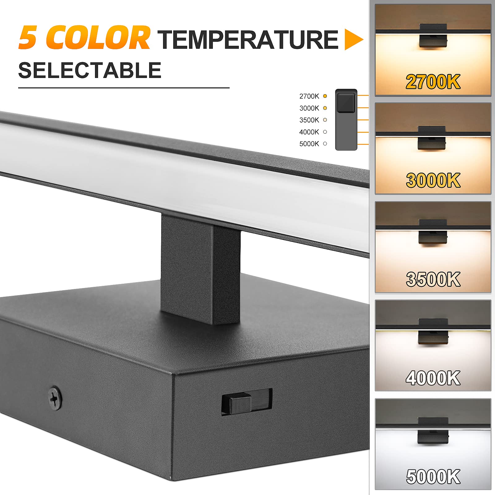 Niorsun 15.7 Inch Black Bathroom Vanity Light,12W 5Cct Dimmable Led Bathroom Lighting Fixtures Over Mirror, Modern Vanity Lights