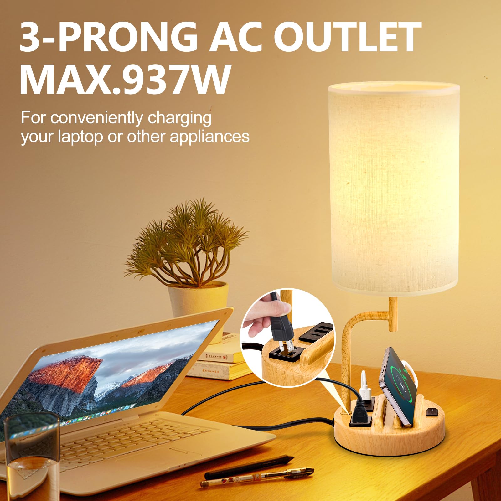 Dreamholder Table Lamp with 3 USB Ports, AC Outlet, Phone Stands, 6.1in Round, Cream Linen Shade, Model DH9099, Pack of 2