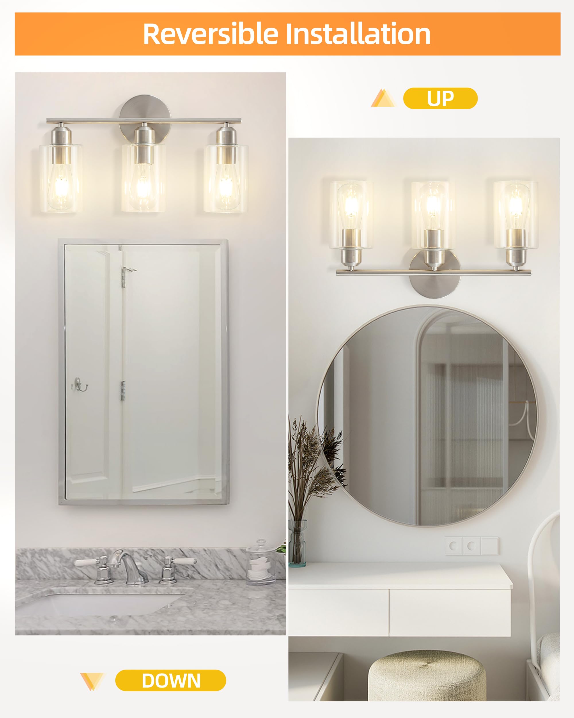 Seable 3-Light Brushed Nickel Bathroom Vanity Lights, Modern Glass Shade Wall Sconce - 2 Pack