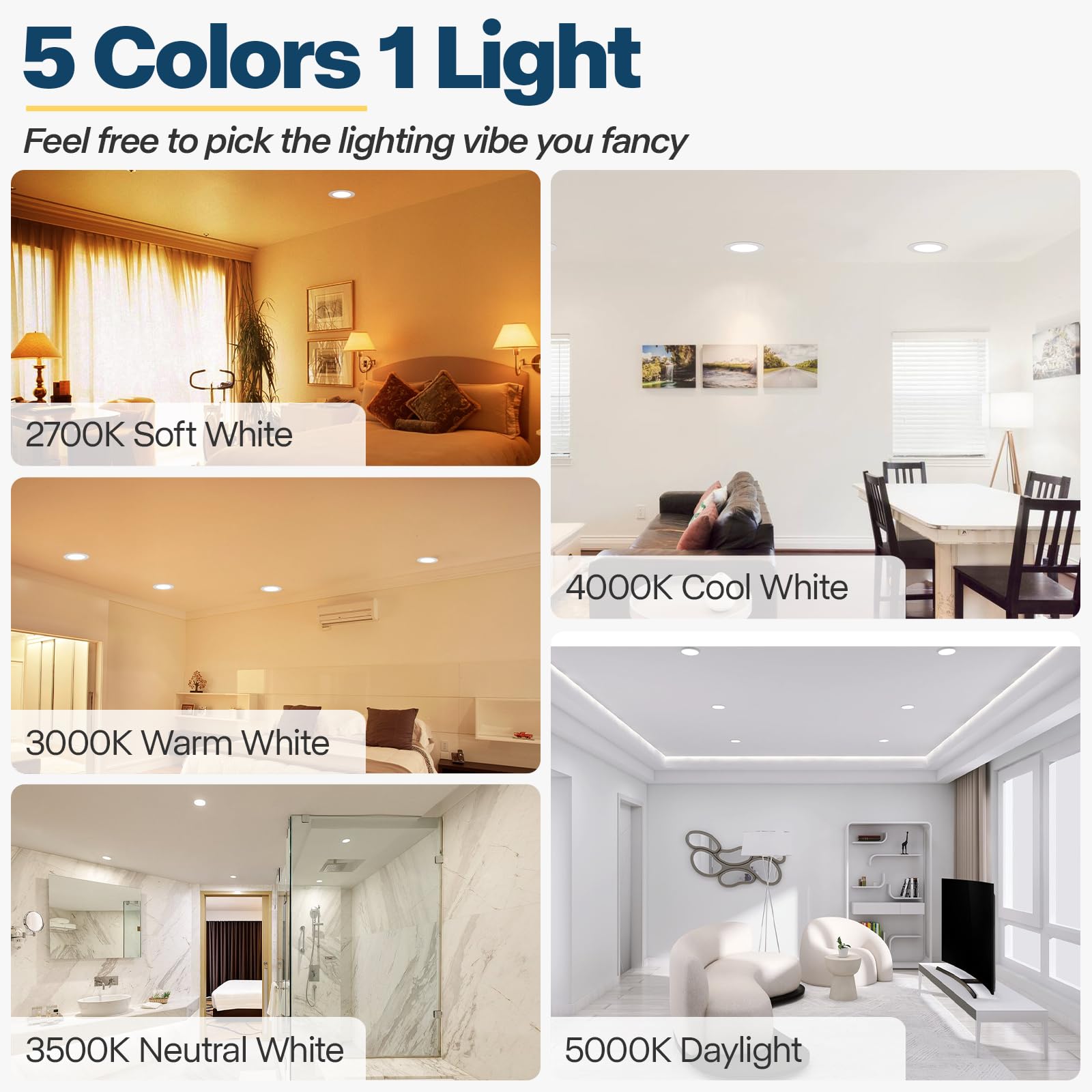 Anyhome 12 Pack 4 Inch Led Recessed Lighting, 5Cct Selectable 2700K-5000K, 10W 800Lm, Dimmable Canless Recessed Lighting 4 Inch