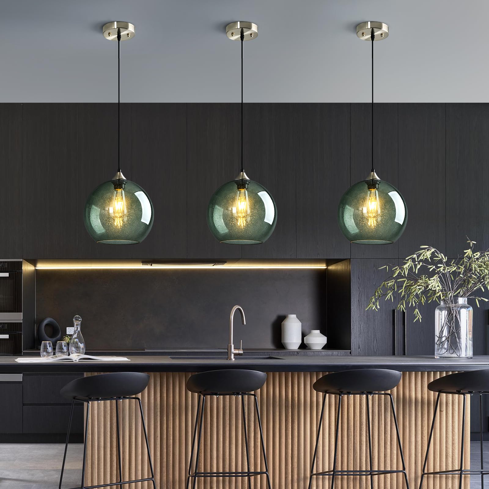 LBSQJ Glass Pendant Lights, 9.84in Gray Green Globe Fixtures, Modern 3-Pack for Kitchen, Bedroom, Dining Room - Model LBSQJ-460