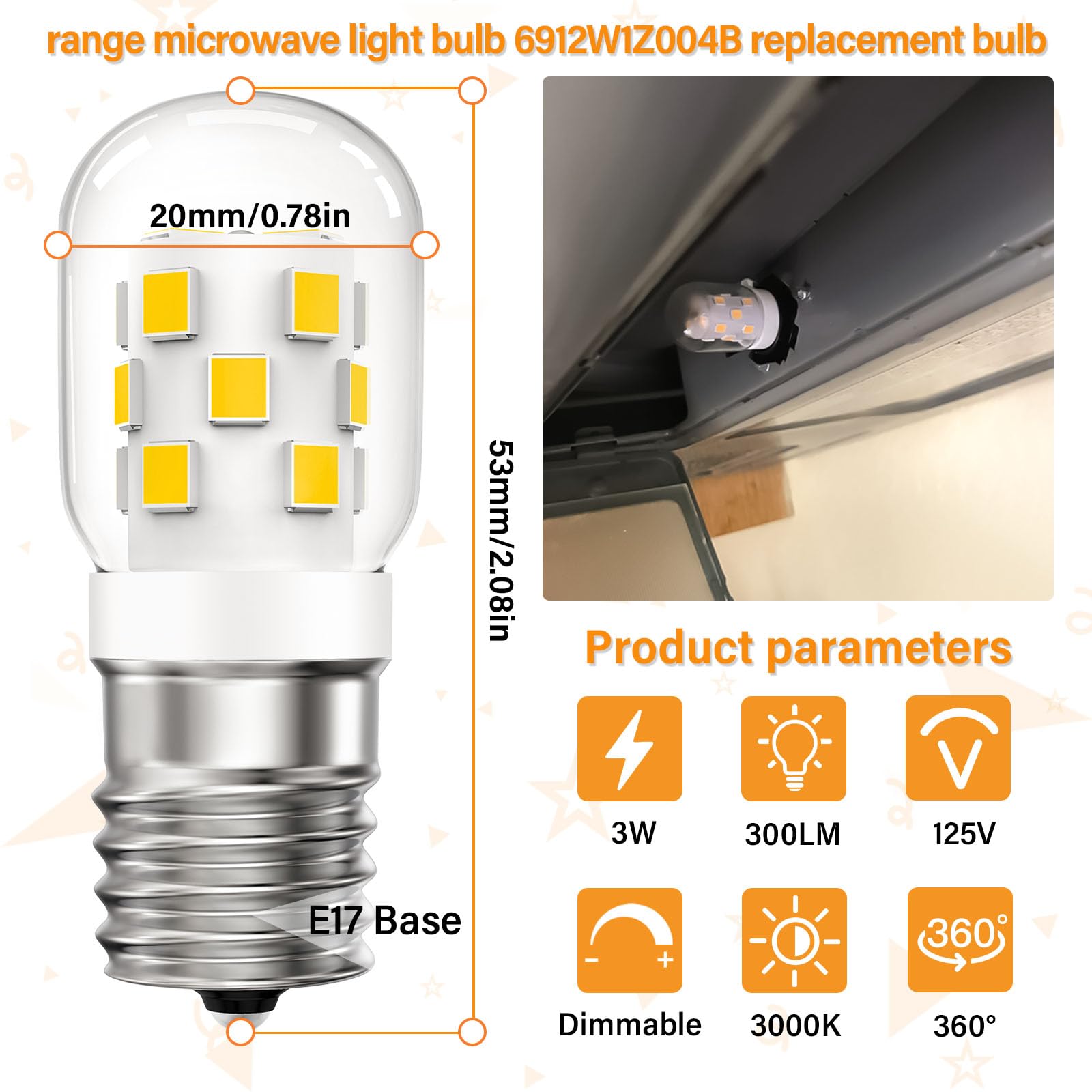 DUMILOO LED Microwave Light Bulbs, 30W Equivalent, Dimmable Warm White 3000K, E17 Base, 2 Pack