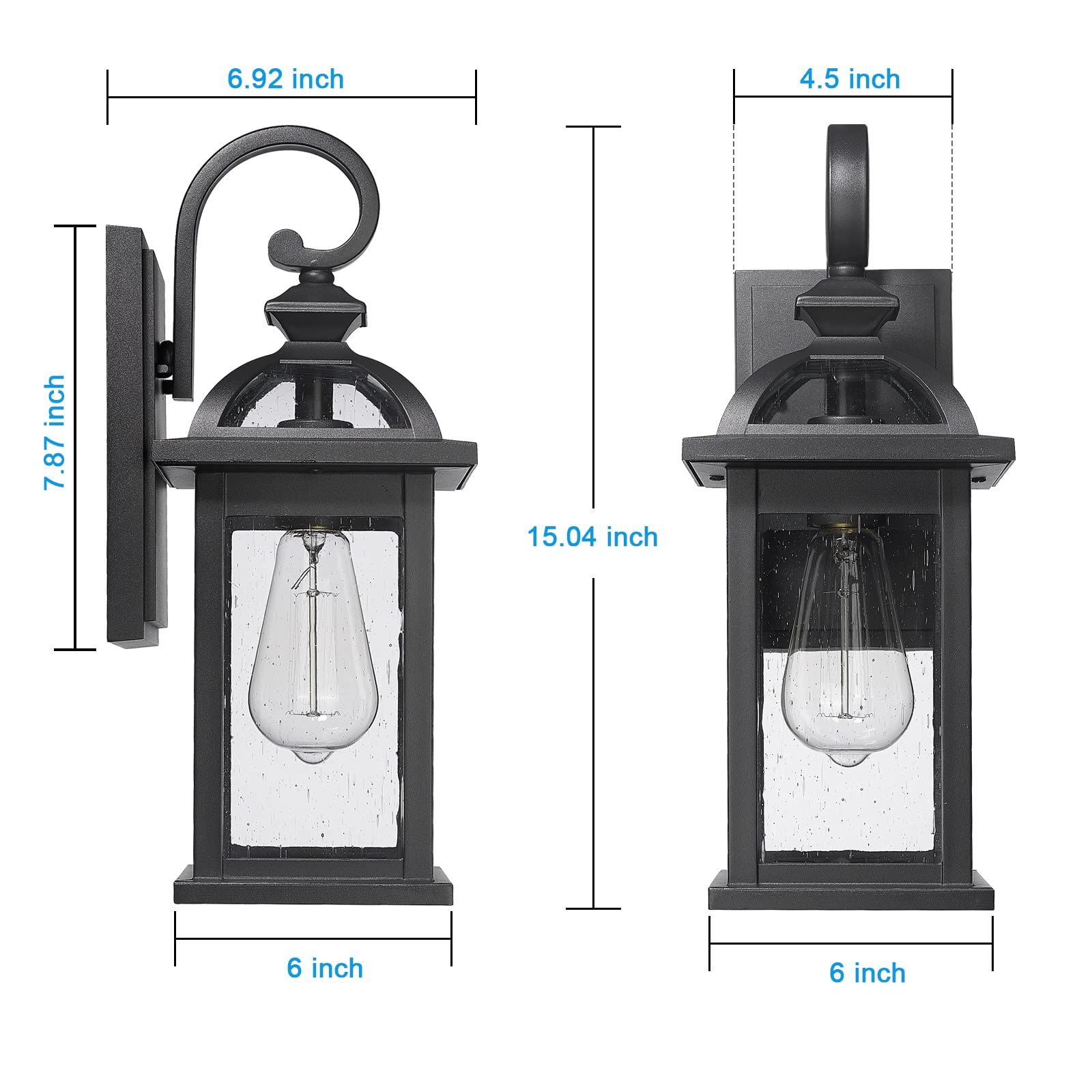 Darkaway Outdoor Wall Sconce, Waterproof Seeded Glass, 15in Aluminum, Black-Seeded Glass, Model 6D5B, 1 Pack