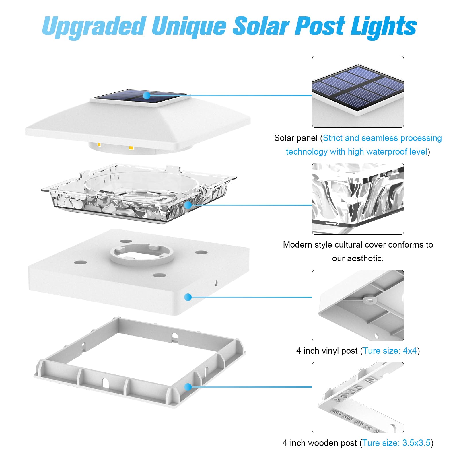 Volisun 4X4 Solar Cap Light 8Pack, Solar Fence - Post Lights Outdoor Waterproof For Wood/Vinyl, White Deck Cap Light Solar Power
