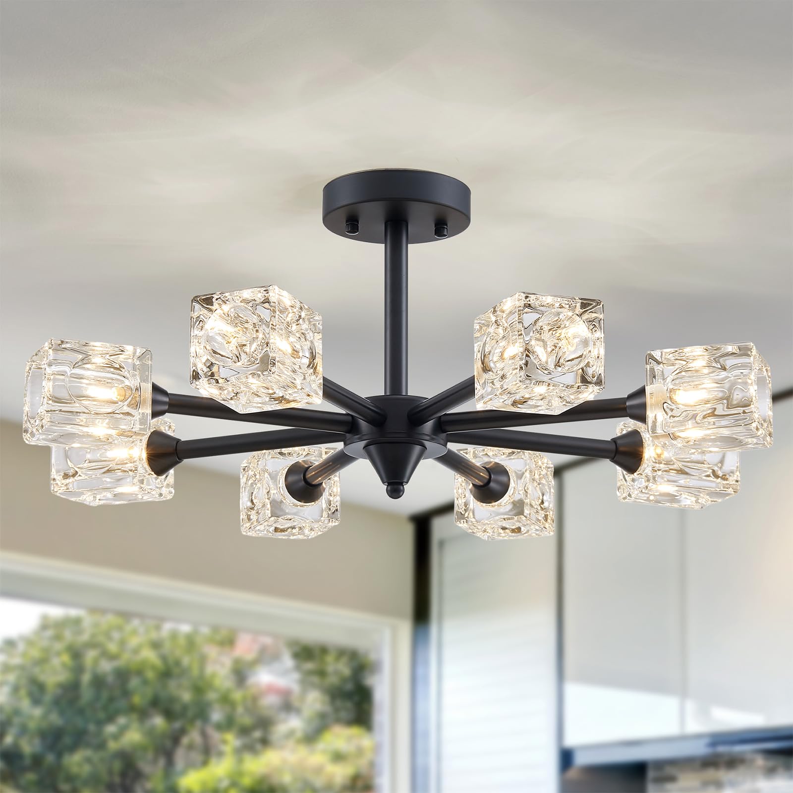 Xingqi Modern Black Chandelier Glass Ceiling Light Fixture 23'' Farmhouse Sputnik Chandeliers 8-Light Semi Flush Mount Ceiling L