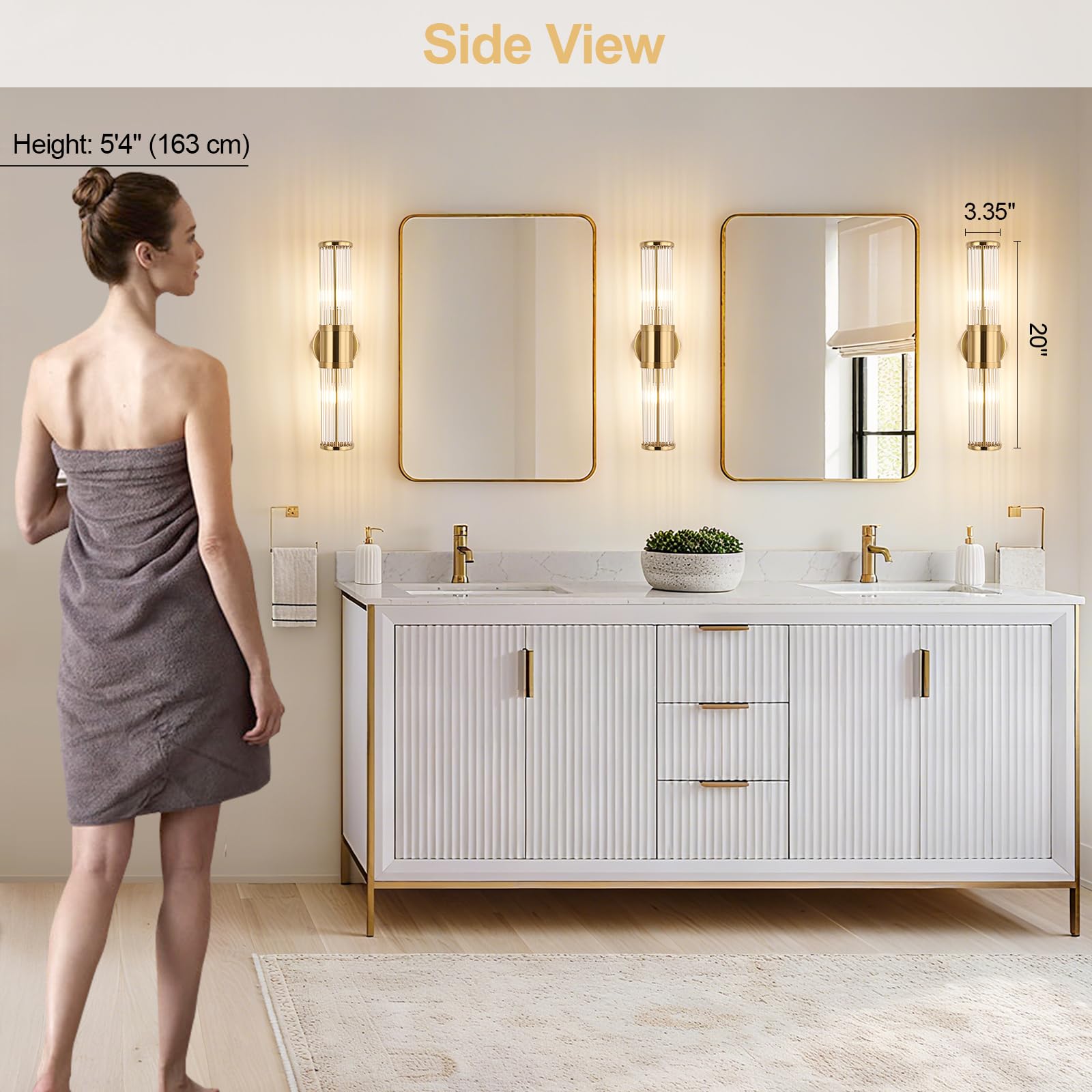 ECOBRT Glass Rods Wall Light Fixture, Brass Indoor Vanity Light, E12 Socket, Model 1630-Brass, Brushed Brass Finish