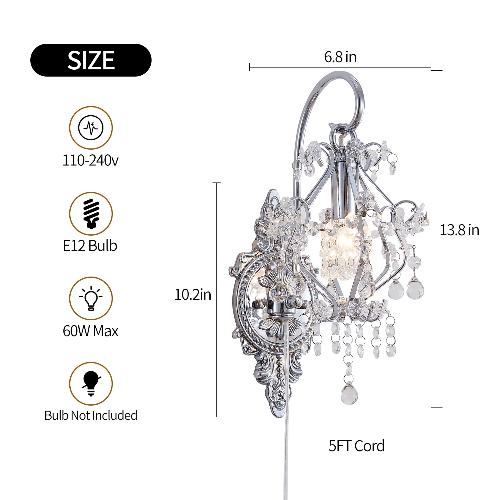 Fetason 2 Pack Vintage Crystal Wall Sconces, Silver Plug-in Indoor Lighting, E12 LED Compatible, Model FT603