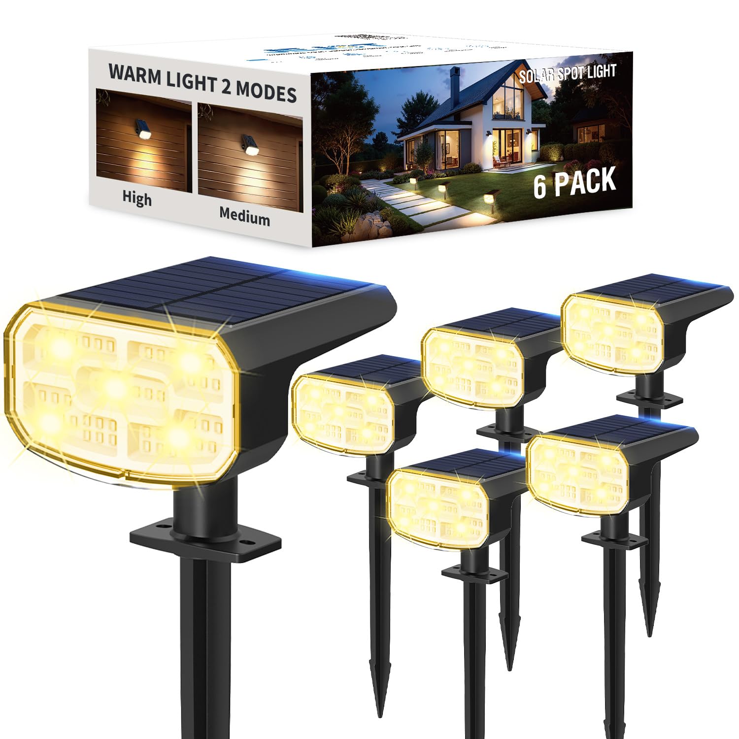 Jejot Solar Lights Outdoor Waterproof Ip65  Super Bright Led  3000K 2 Lighting Modes  Solar Powered Yard Garden Solar Spot Lights For Outside Landscape Auto On/Off -6 Pack
