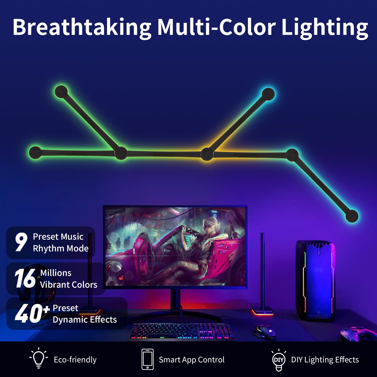 KOBAIBAN Smart Wall Light Lines, WiFi RGB LED Bars, 6 Light Lines Kit, Dimmable, Music Sync, Black, Model JSK-P22