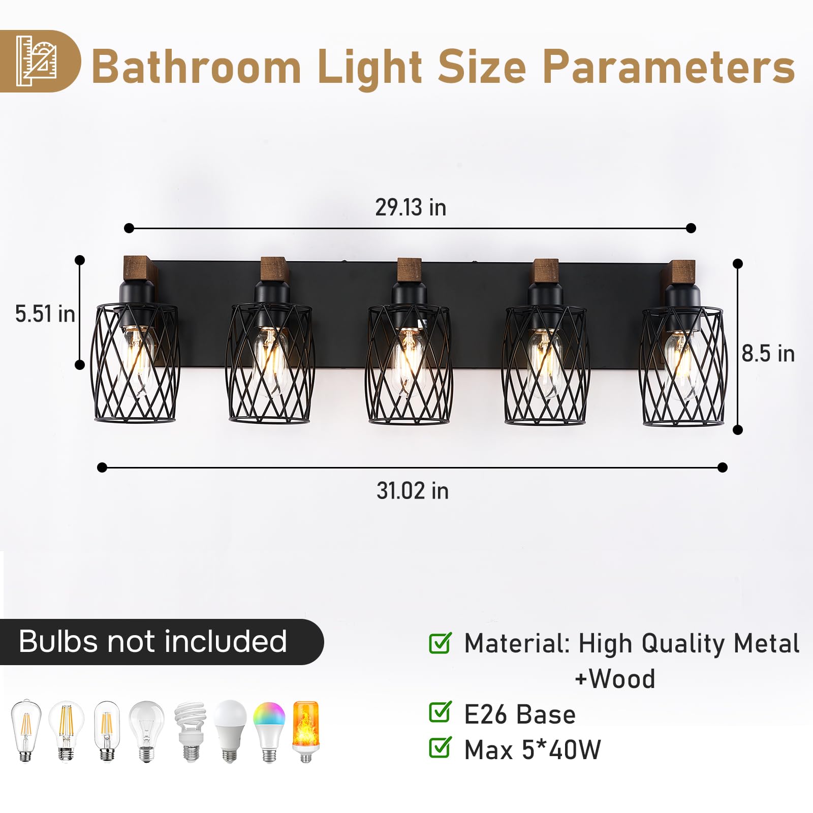 RVONOW 5-Light Bathroom Vanity Light, Black Metal Cage Shade, Rustic Wood Fixture, Model B219-074-05-BK