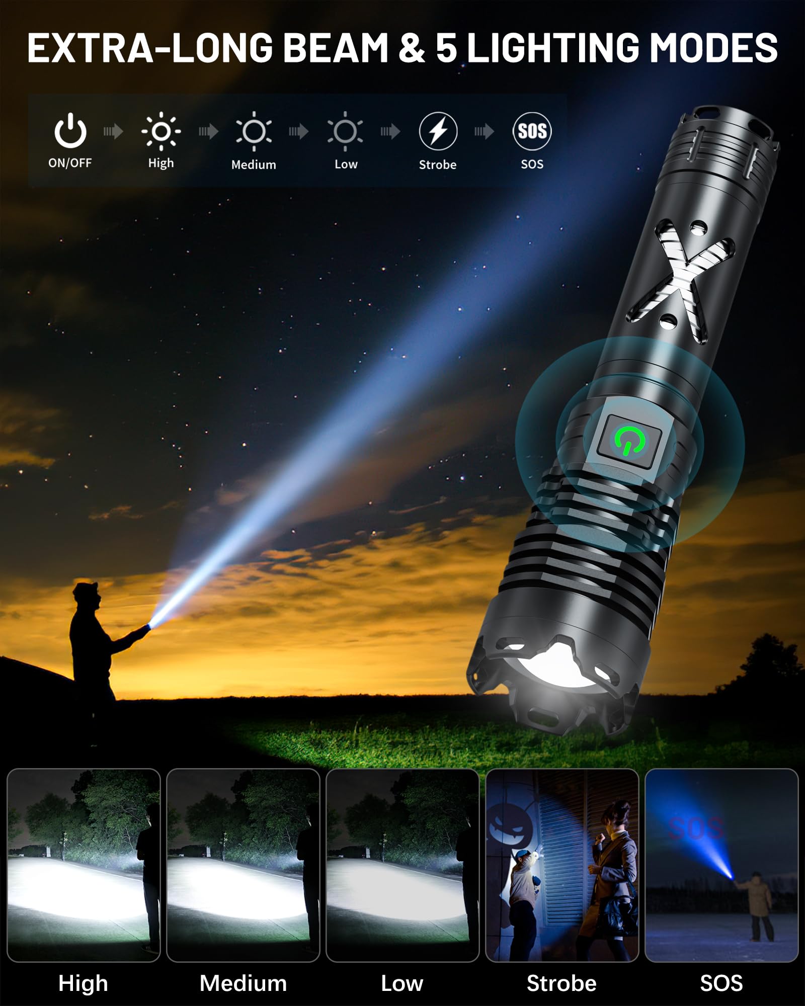 Grentay Rechargeable Flashlight, 150000 Lumen, 5 Modes, Mini Black, Zoomable, Waterproof, Model FH-Grentay-XHP160-B