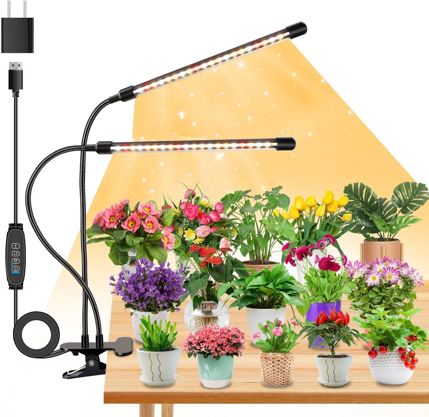Sdovuerc Full Spectrum Dual Heads Clip Grow Lights For Indoor Plants With 3/9/12H Timer Dimmer And 10 Feet Cables For Plant Growing(Adapter Included)