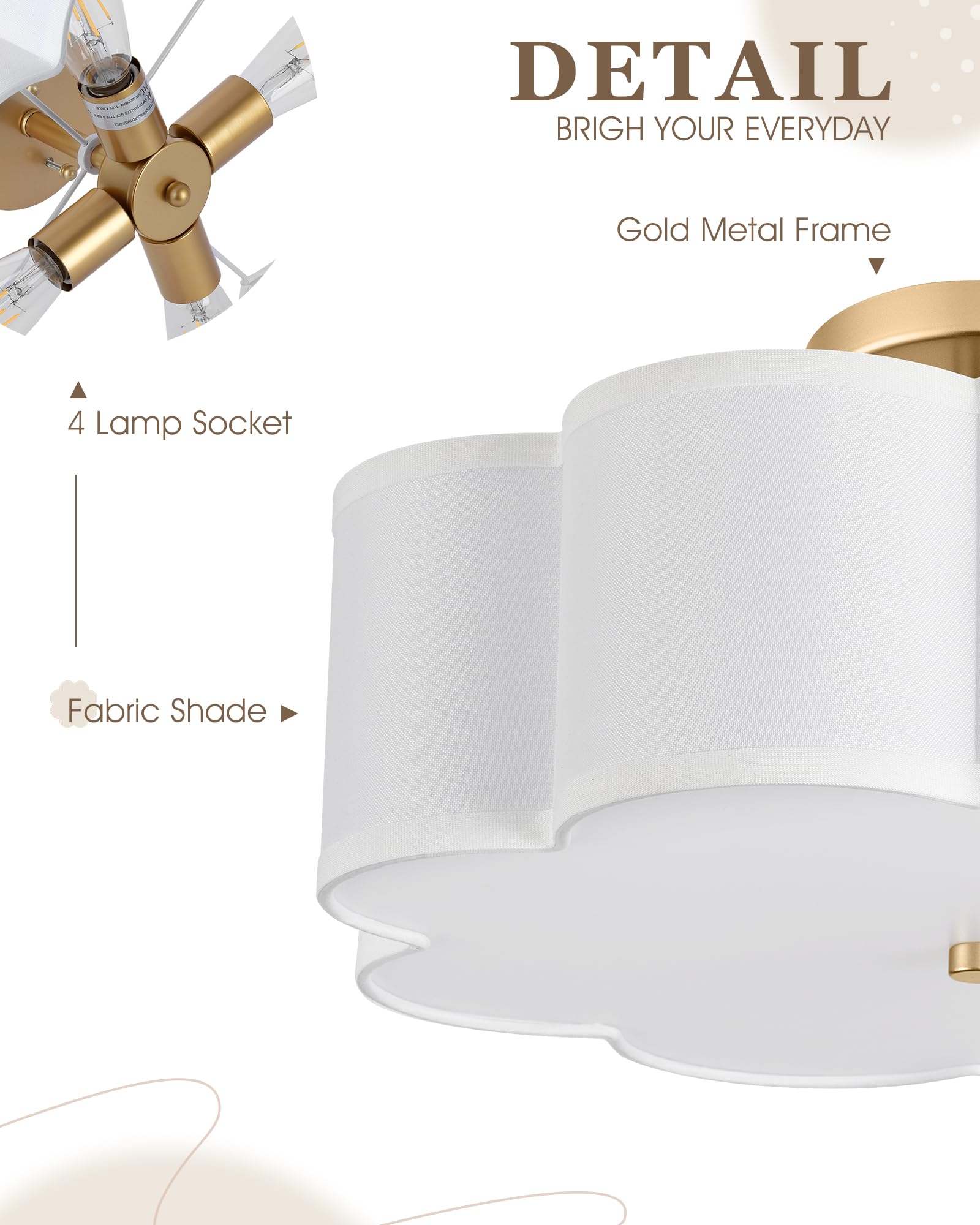 Audickic Gold Semi Flush Mount Ceiling Light, 3-Light 13'' Ceiling Light Fixtures With Fabric Shade In Flower Shape, Farmhouse B