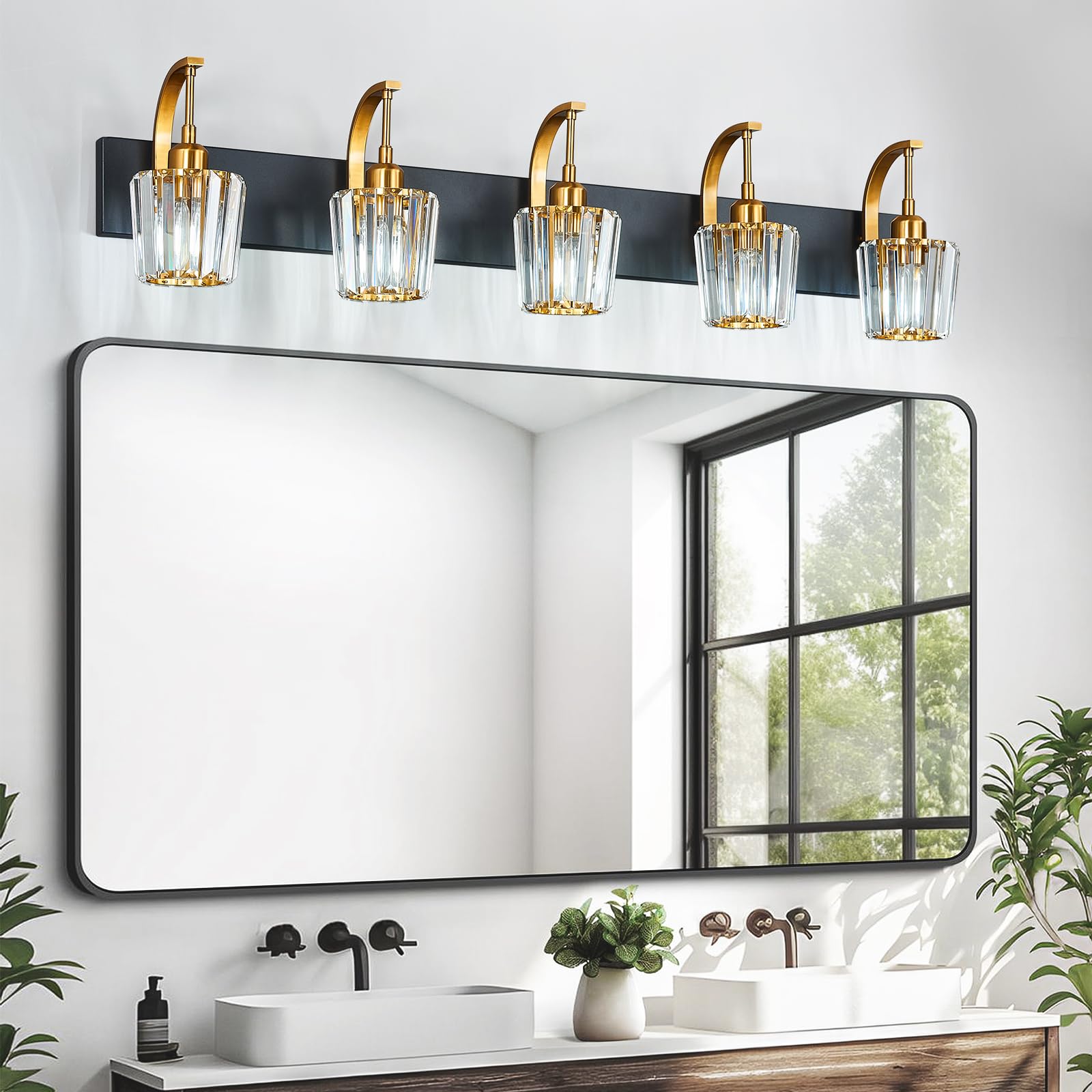 Fdpby Modern Bathroom Vanity Light  5-Light Black Gold Wall Sconce With Crystal Accents  Over Mirror Bathroom Lighting Fixture  42.52 Long Dimmable Vanity Lamp For Makeup  Easy Installation