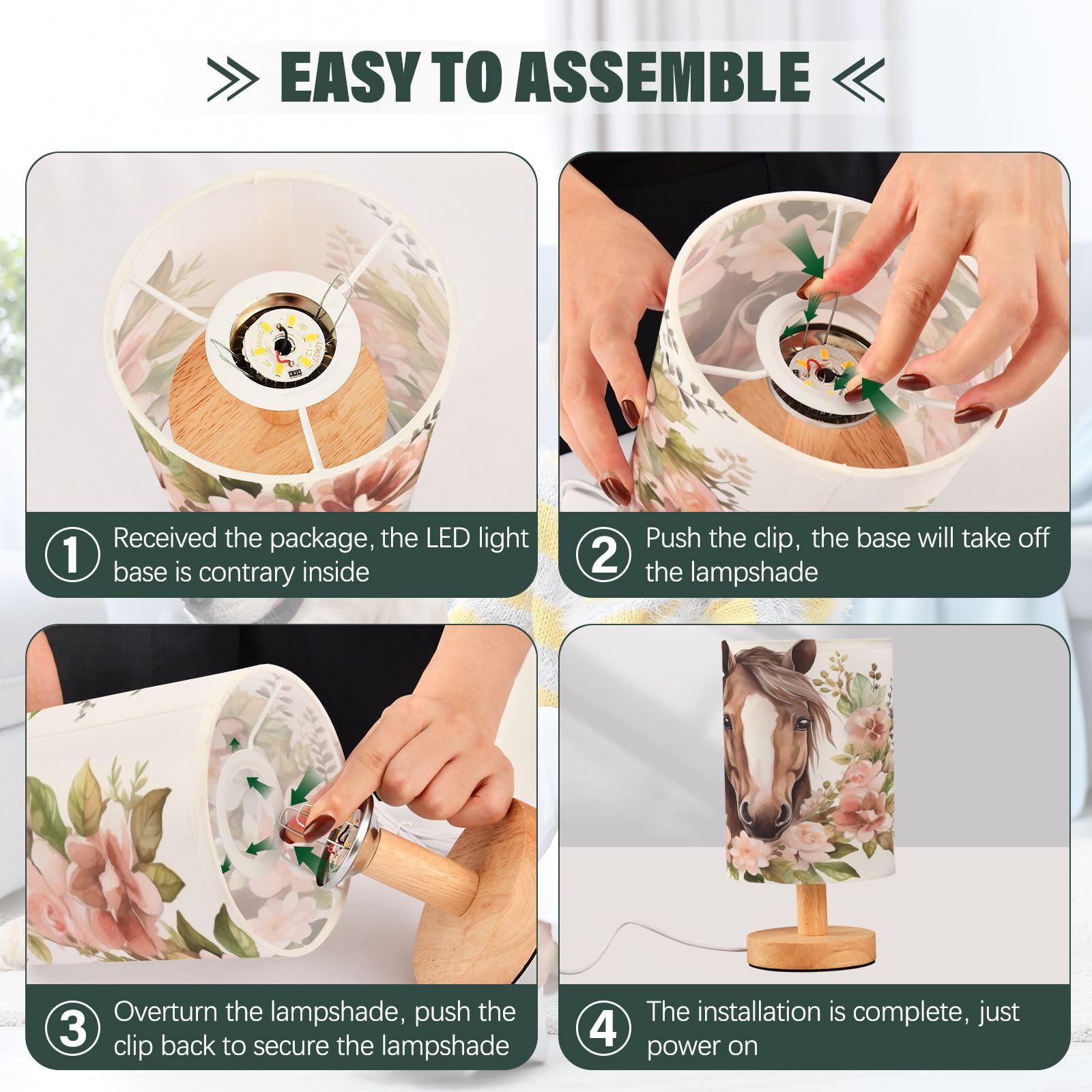 ALAZA Horse Flower Watercolor Lamp for Girls Boys Bedroom Bedside Table Lamp with USB Port LED Kids Nightstand Lamp Wood Base De