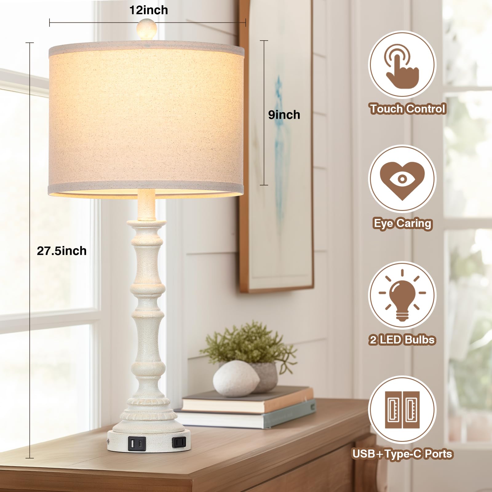 Cinkeda 27.5'' Farmhouse Table Lamps Set Of 2 With Usb C+A Ports & Ac Outlet For Vintage Living Room Retro Bedroom,3-Way Dimmabl