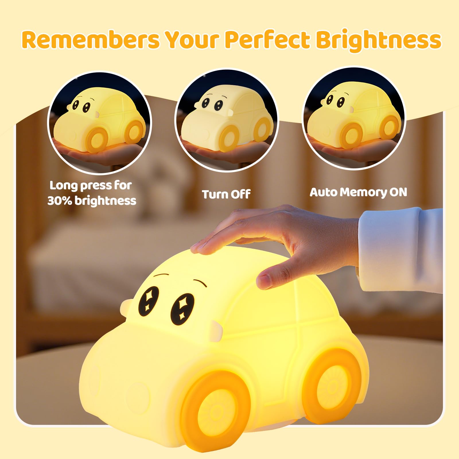 GAGBC Car Night Light for Kids, Color Changing+Dimmable+1800mAh Rechargeable+Timer+Silicone, Squishy Touch Toddler Night Light,