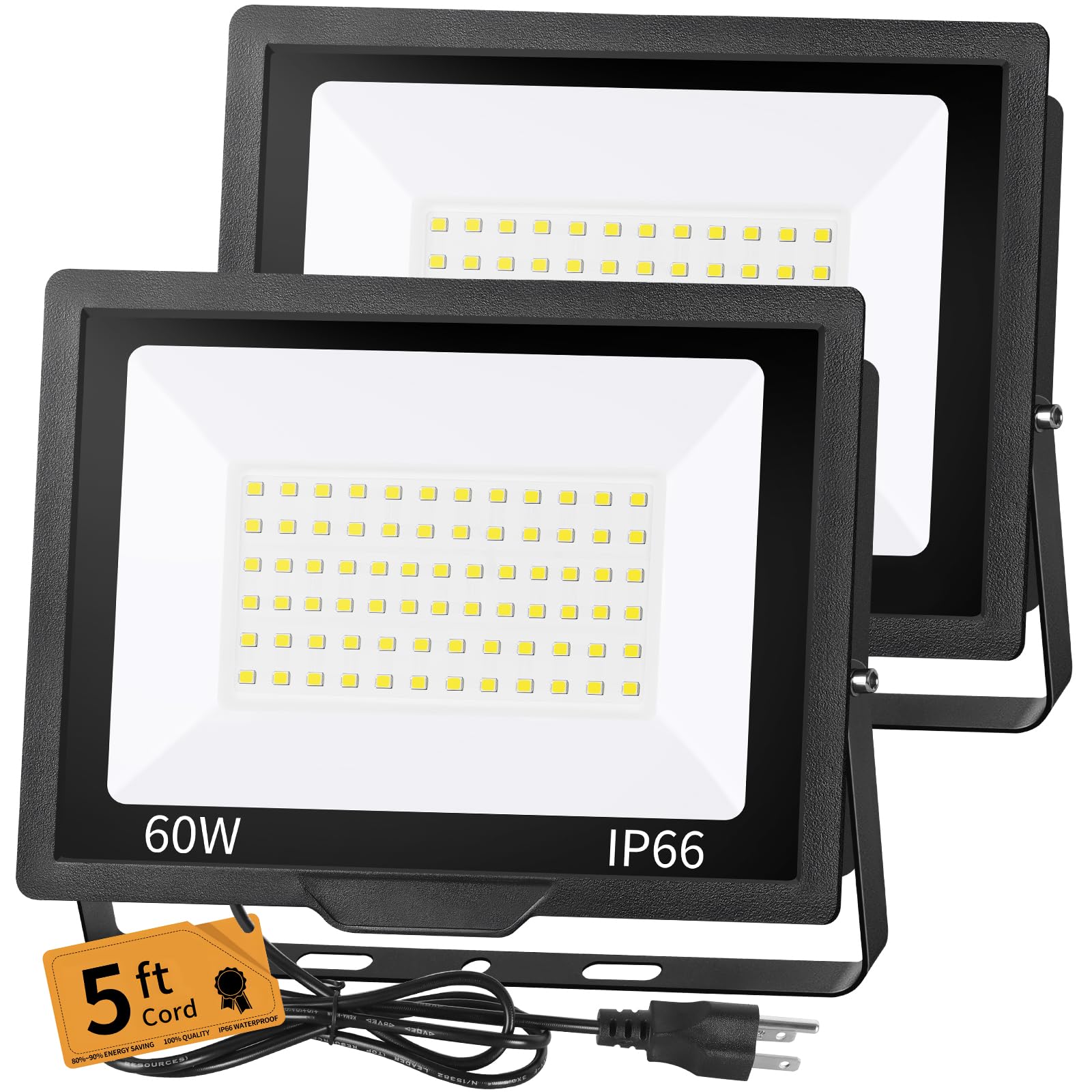 60W LED Flood Light Outdoor, 7200LM Brighter Exterior Security Lights with 5ft Plug, 5000K Daylight LED Work Light, IP66 Waterpr