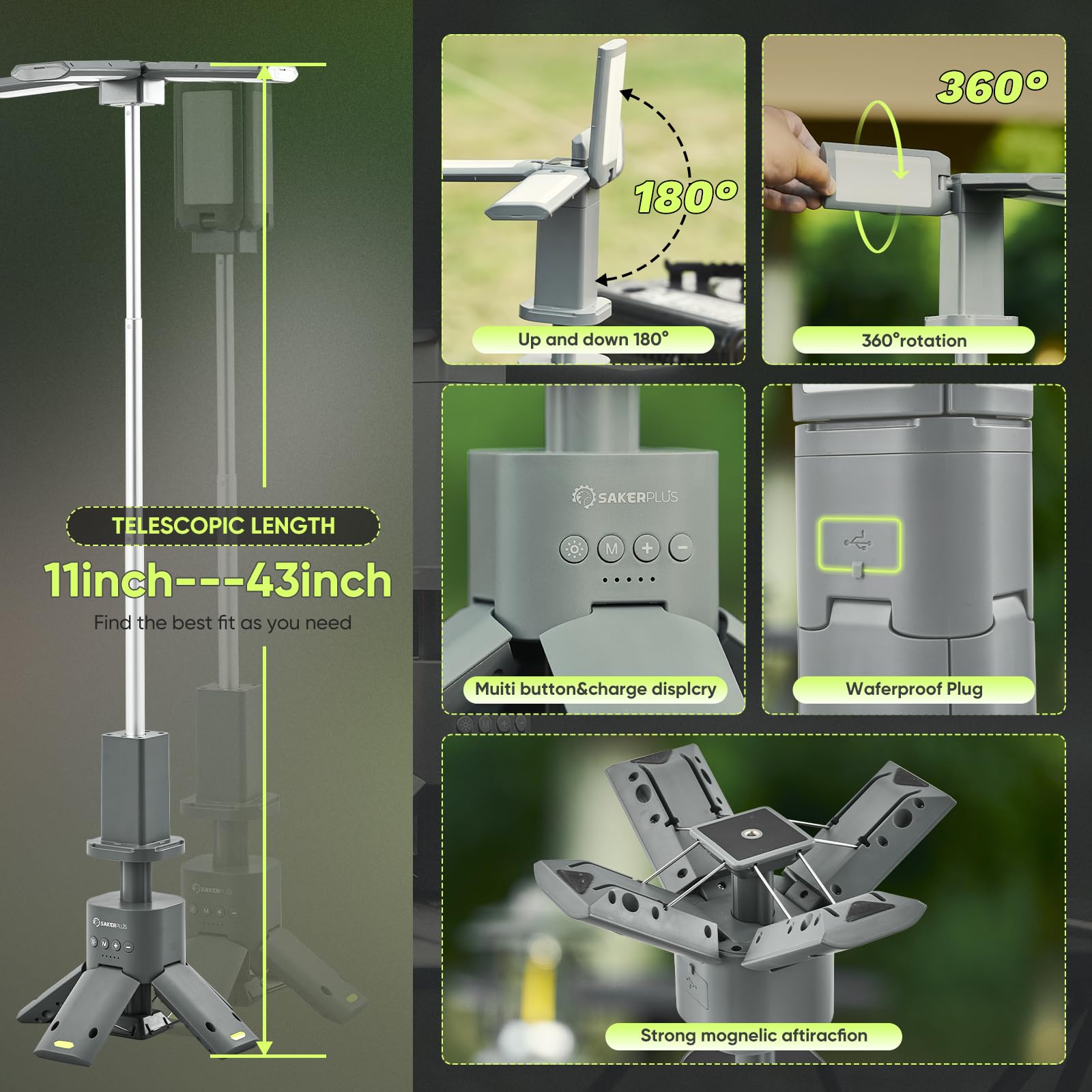 Sakerplus Telescopic Camping Lantern, 14000Mah Rechargeable Cordless Camping Lights With Portable Power Supply, Dimmable Magneti