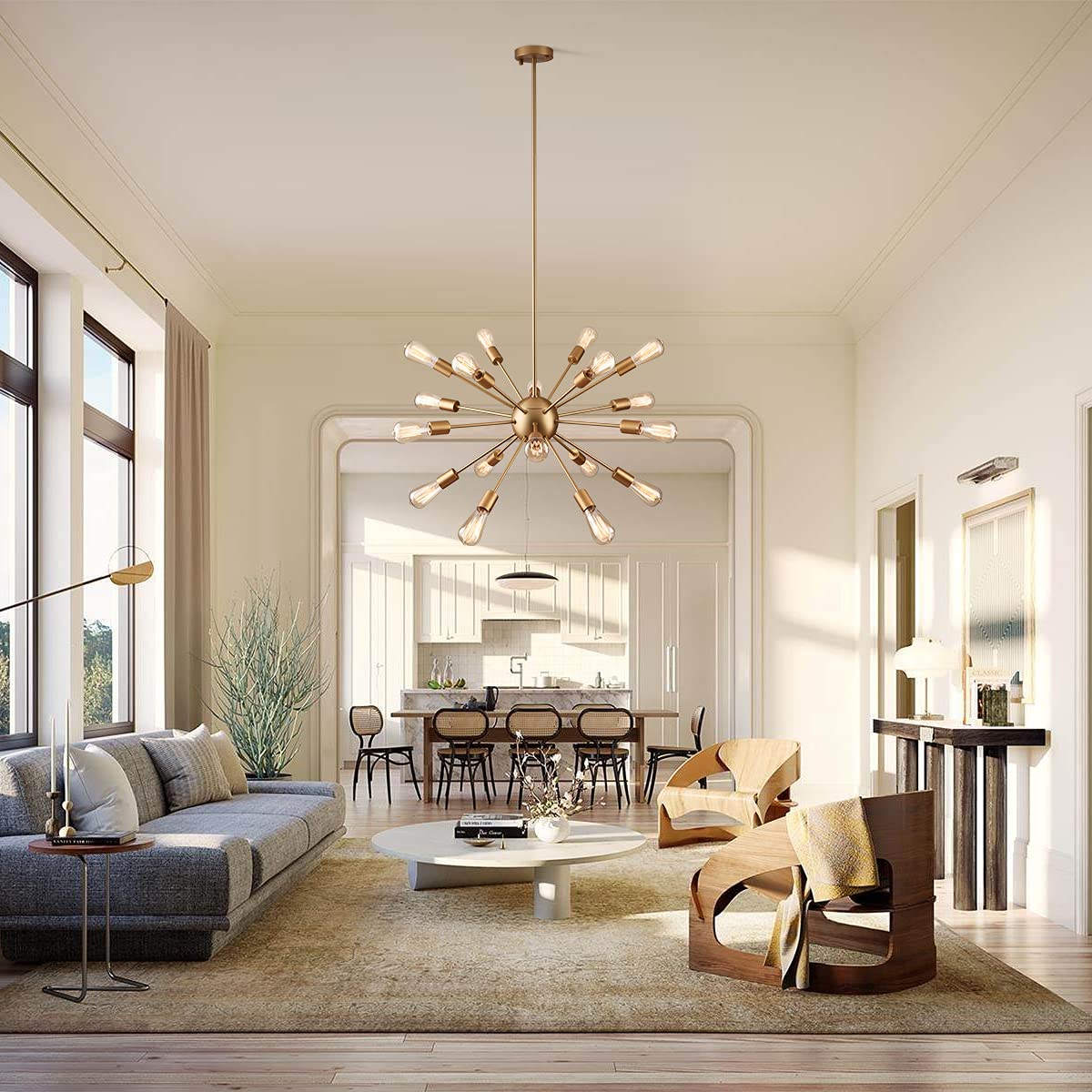 Mirrea Vintage Metal Dimmable Sputnik Chandelier, 18 Lights, Brushed Brass Finish