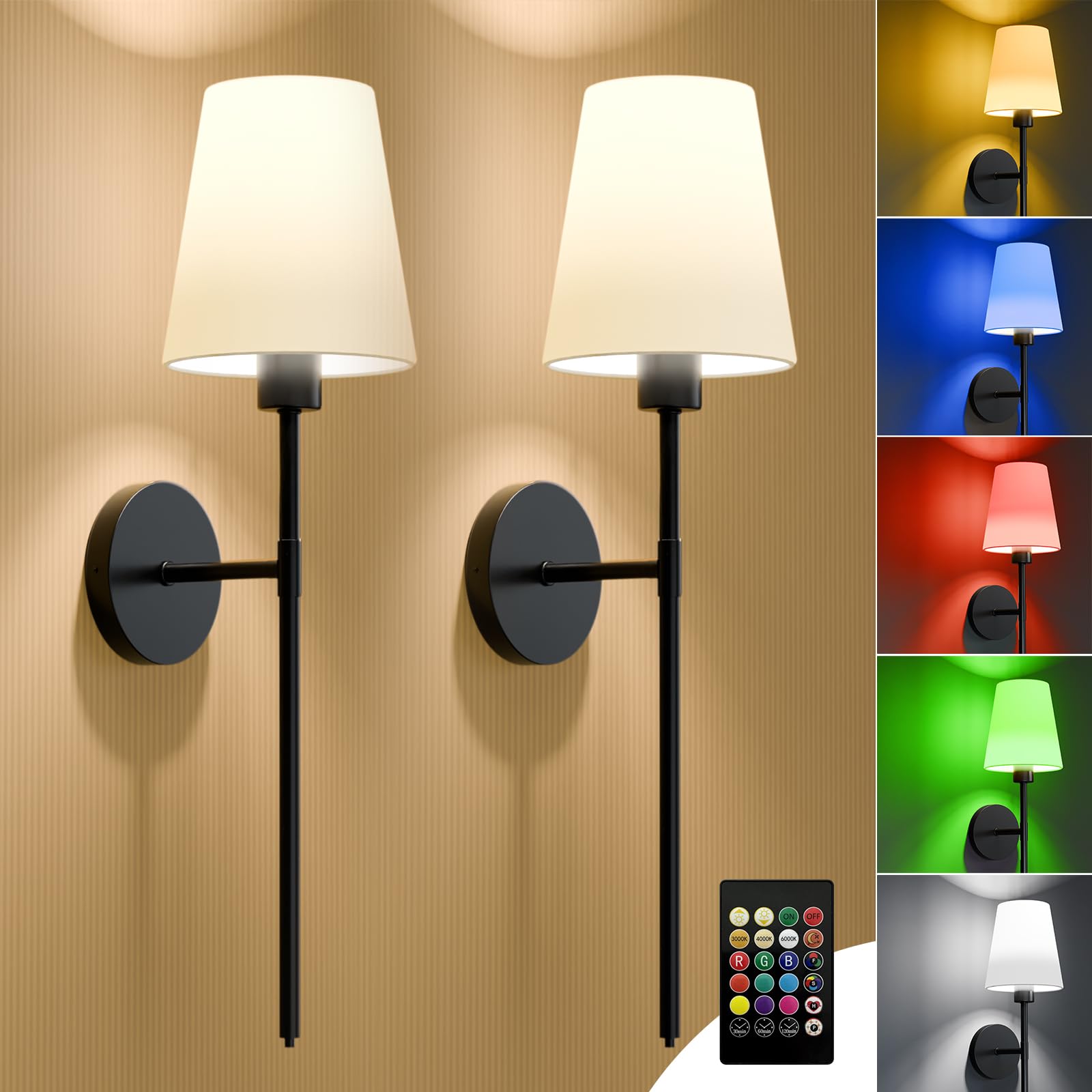 Lightania Battery Operated Wall Sconce Set Of 2, Black Rechargeable Wall Lights With 5200Mah Dimmable Bulbs And Remote, 12 Color