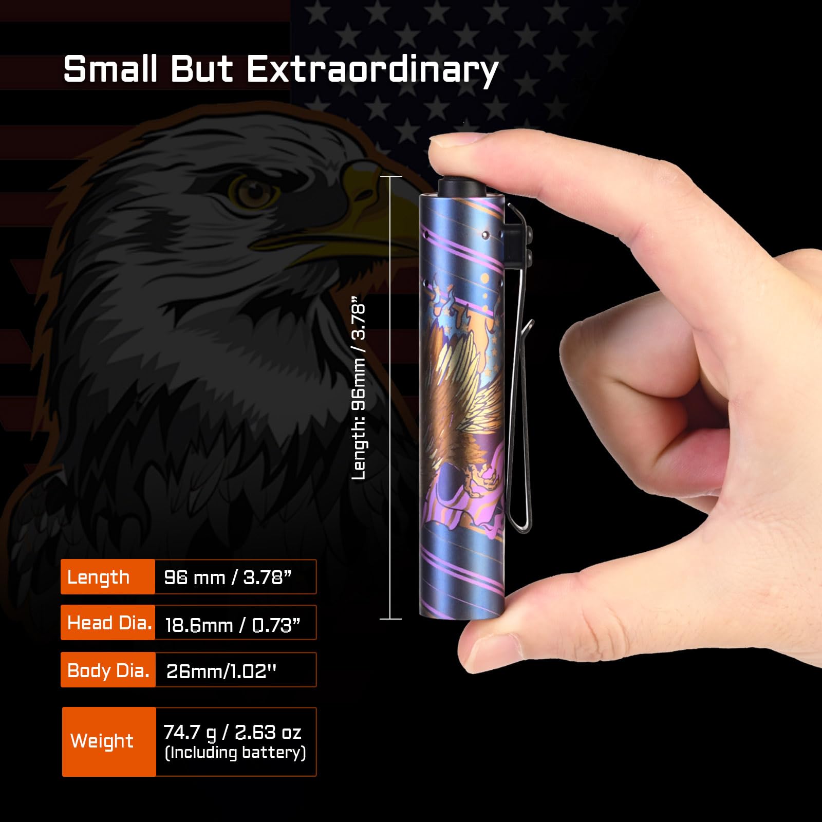ACEBEAM Rider RX EDC Flashlight - 700 Lumens, Titanium Fireworks Eagle, Rechargeable, Compact LED with Clip, Model RX-Titanium 5000K