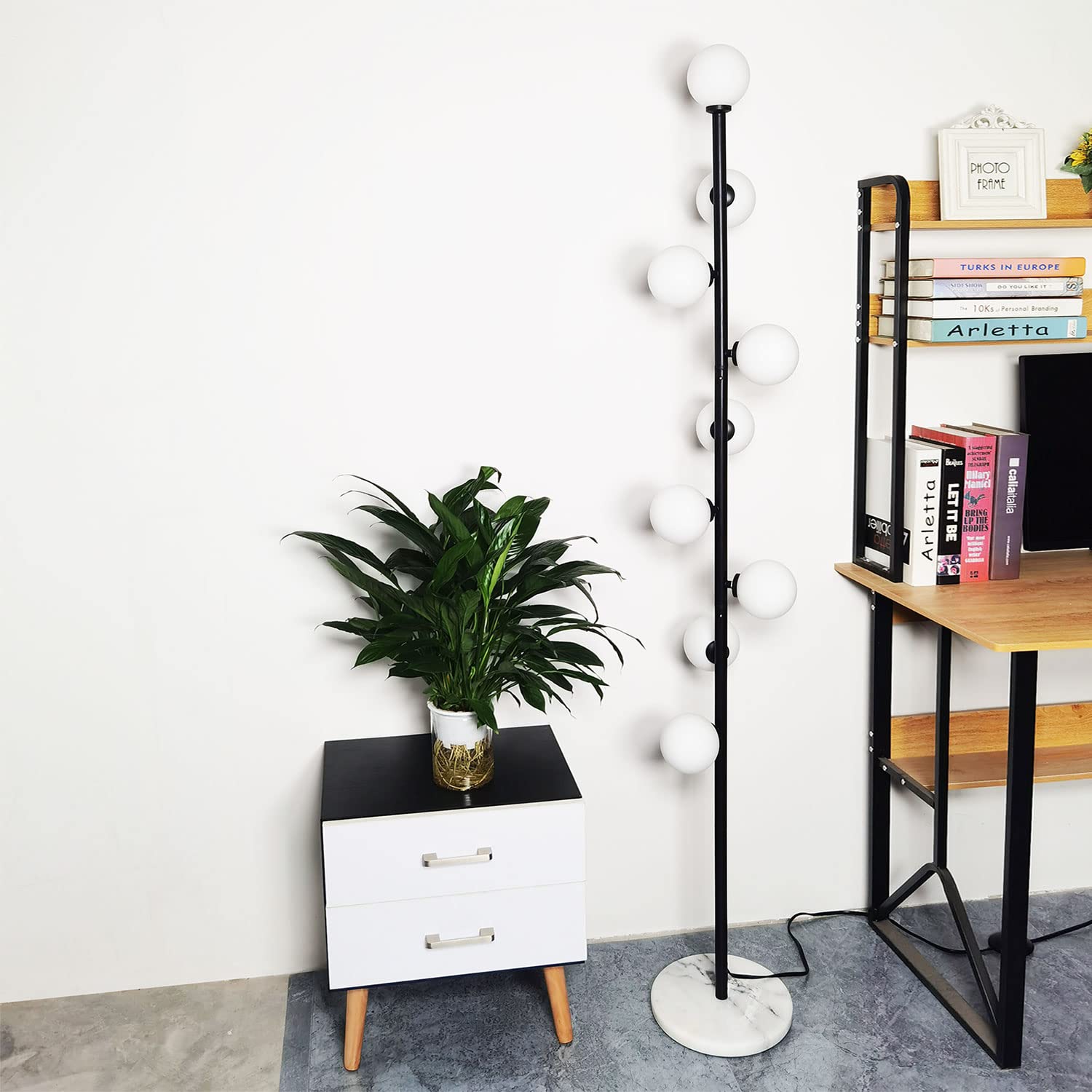 Hsyile Modern Black Floor Lamp, Globe Design, 300261 Model, Metal Material, 9 LED Bulbs, Ideal for Living Room, Bedroom, Office
