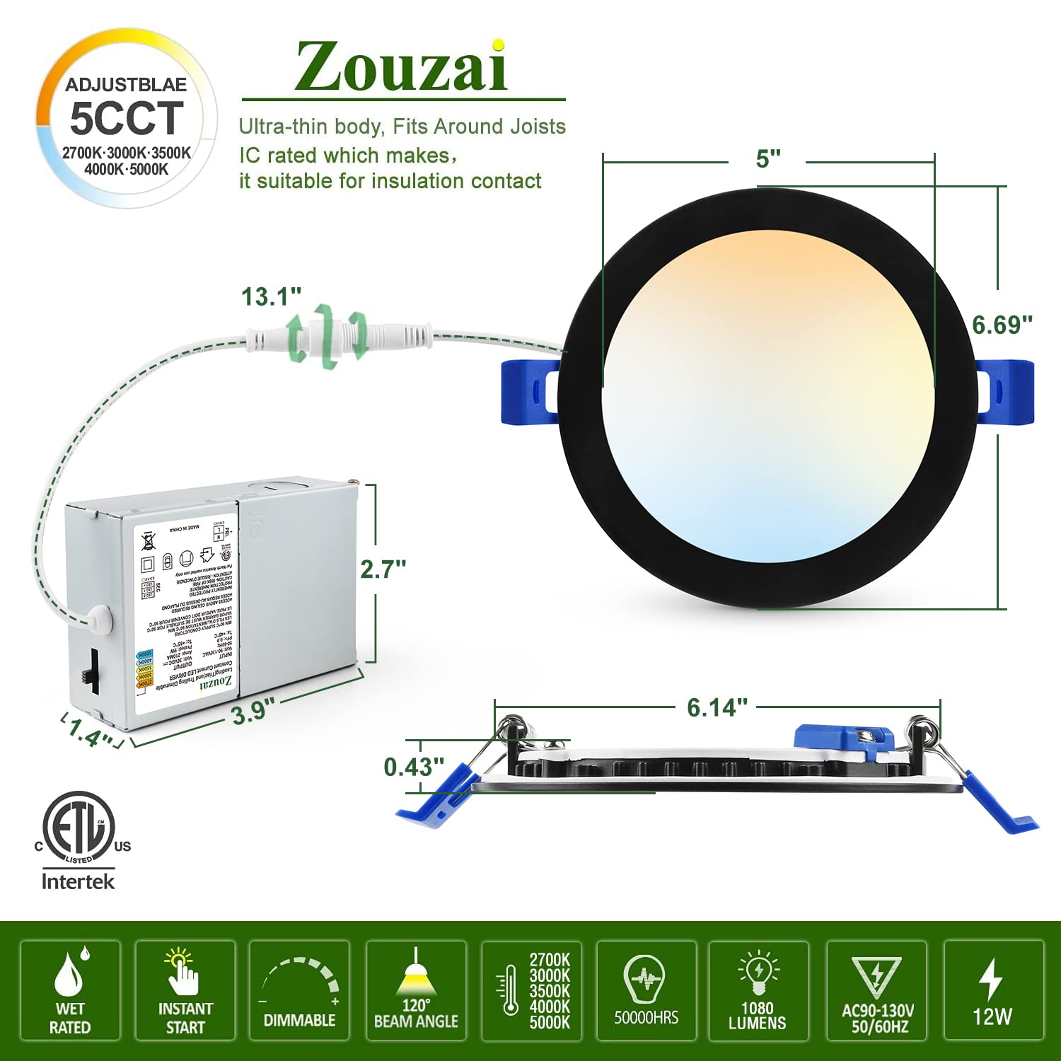 zouzai 6 Inch Ultra-Thin LED Recessed Ceiling Light, 5CCT Dimmable, Black, 12W Equivalent, ETL & Energy Star Certified, 6 Pack
