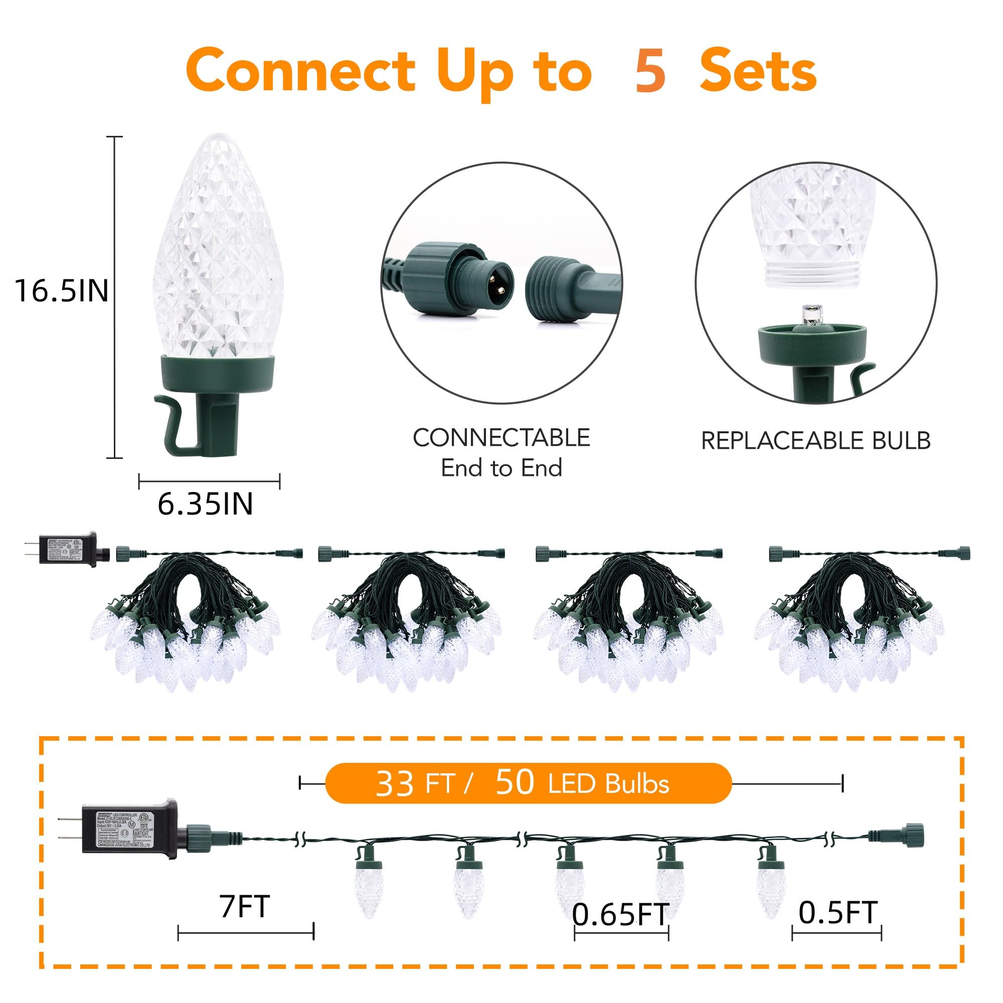 Ucutely C9 Led Christmas Lights Outdoor 33 Feet 50 Led 8 Lighting Modes Waterproof Connectable Christmas String Lights For Outside Roofline Patio Home Xmas Decorations (Cool White)